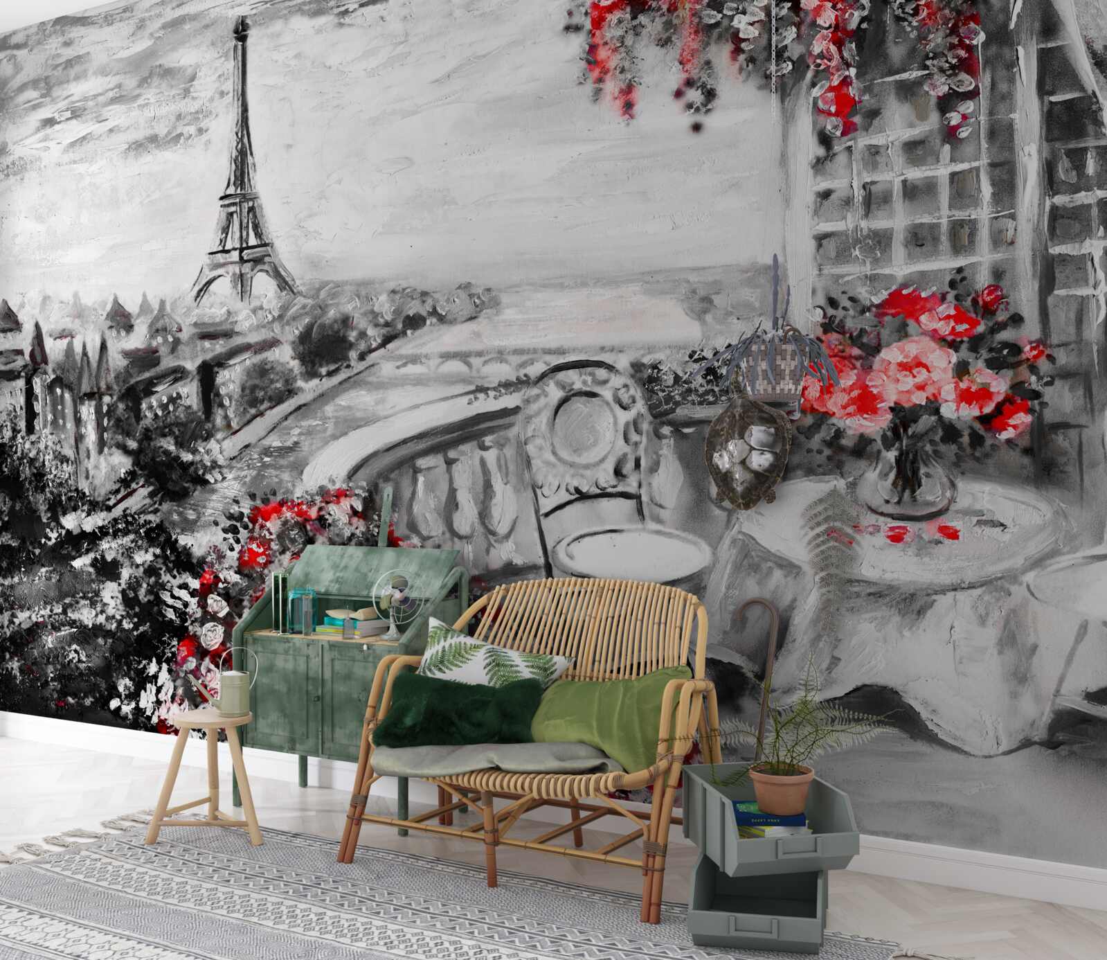 Fotobehang gezellig verandacafé met uitzicht op de eiffeltoren