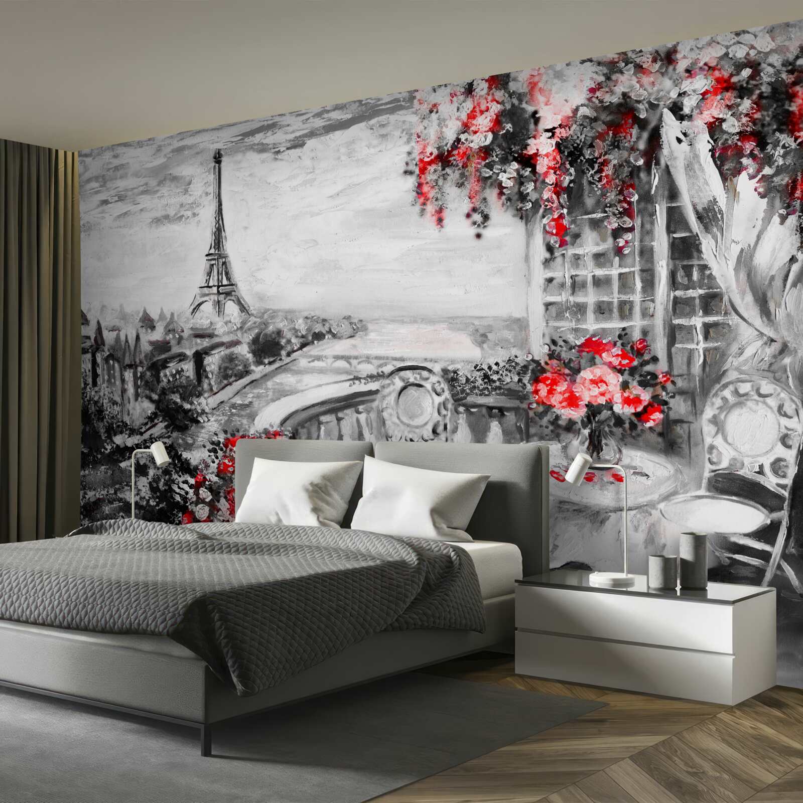 Fotobehang gezellig verandacafé met uitzicht op de eiffeltoren