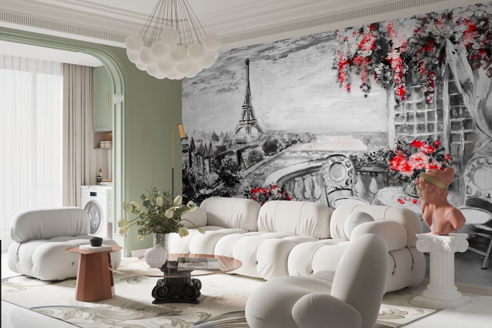 Fotobehang gezellig verandacafé met uitzicht op de eiffeltoren