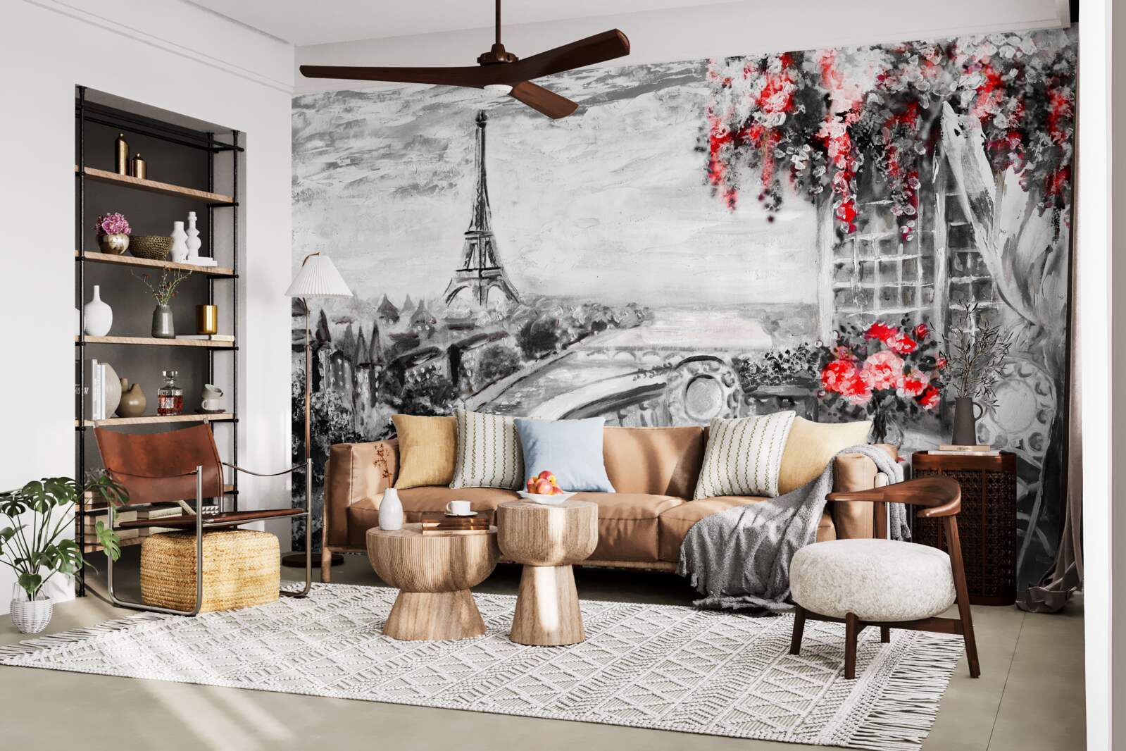 Fotobehang gezellig verandacafé met uitzicht op de eiffeltoren