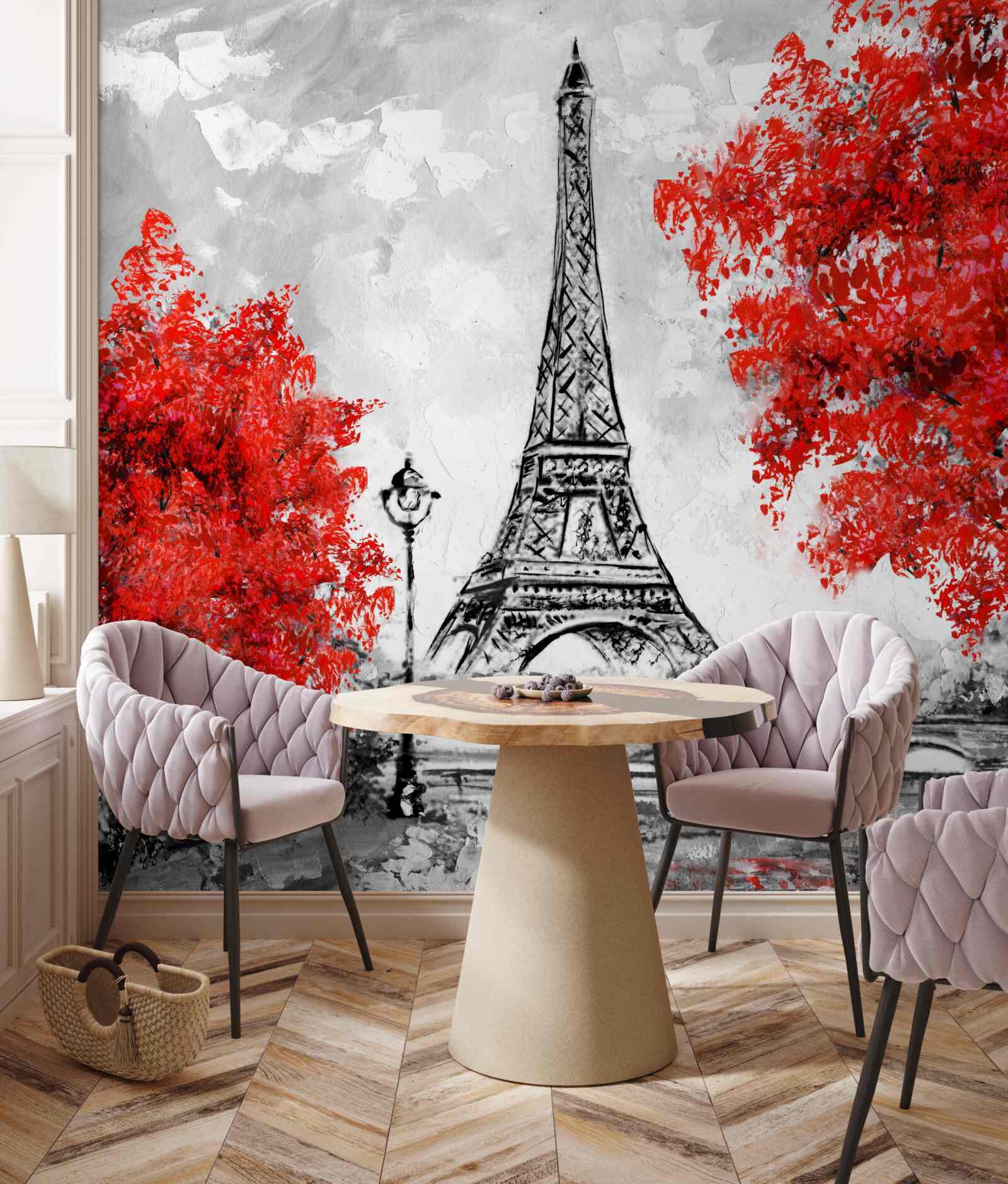 Fotobehang bomen met dicht rood blad bij de toren van Parijs