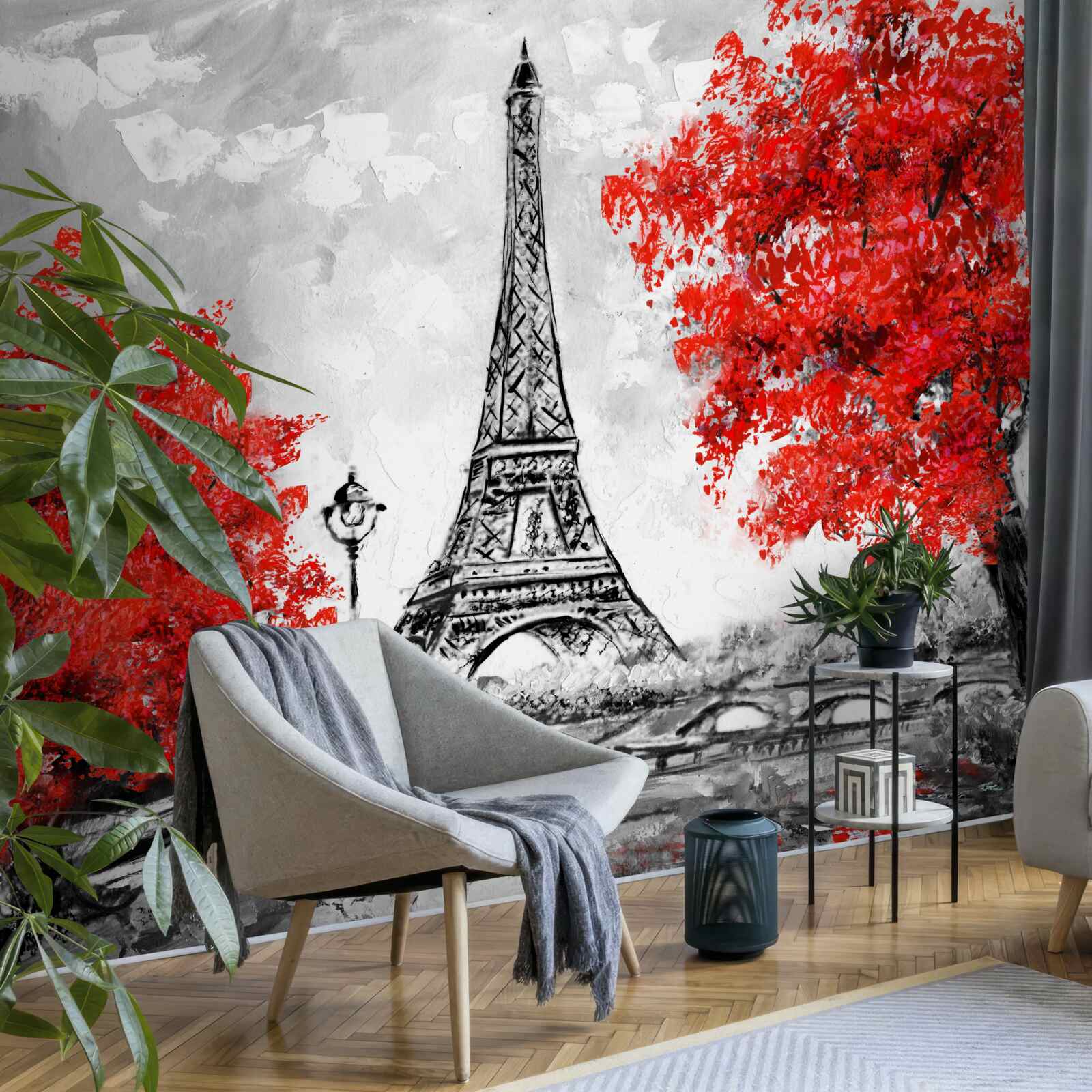 Fotobehang bomen met dicht rood blad bij de toren van Parijs