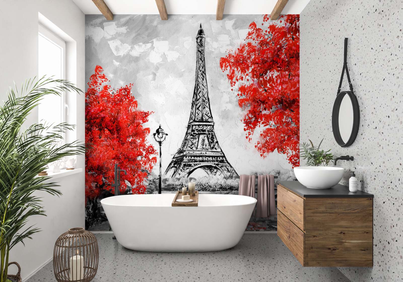 Fotobehang bomen met dicht rood blad bij de toren van Parijs