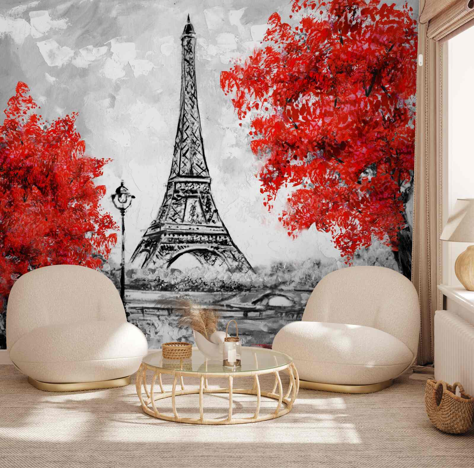 Fotobehang bomen met dicht rood blad bij de toren van Parijs