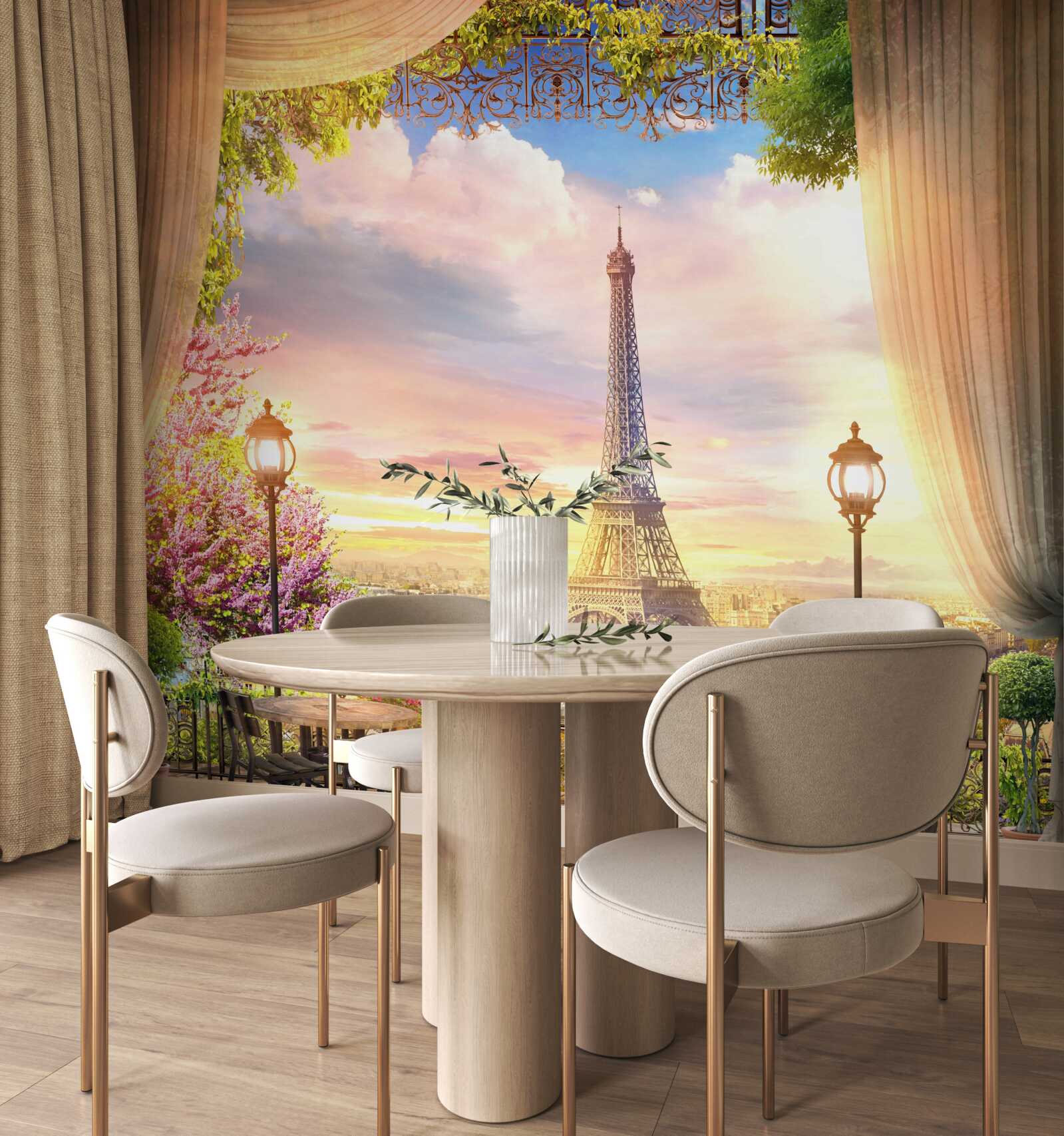 Fotobehang salontafels met uitzicht op de eiffeltoren creëren een gezellige sfeer