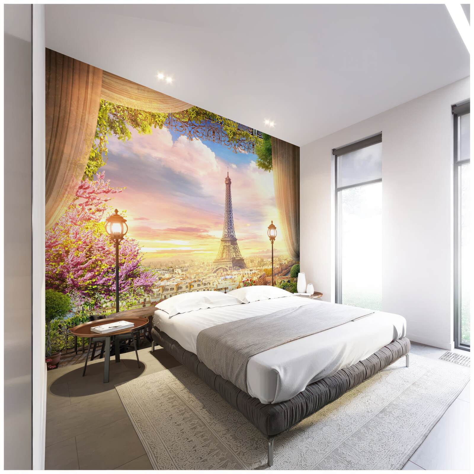 Fotobehang salontafels met uitzicht op de eiffeltoren creëren een gezellige sfeer