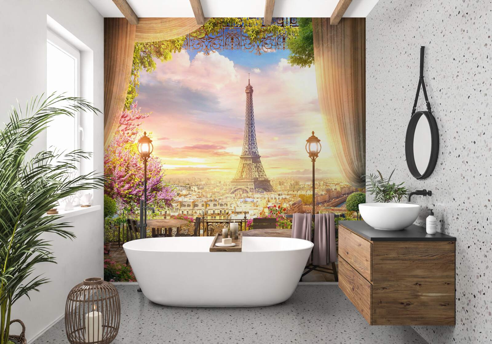 Fotobehang salontafels met uitzicht op de eiffeltoren creëren een gezellige sfeer