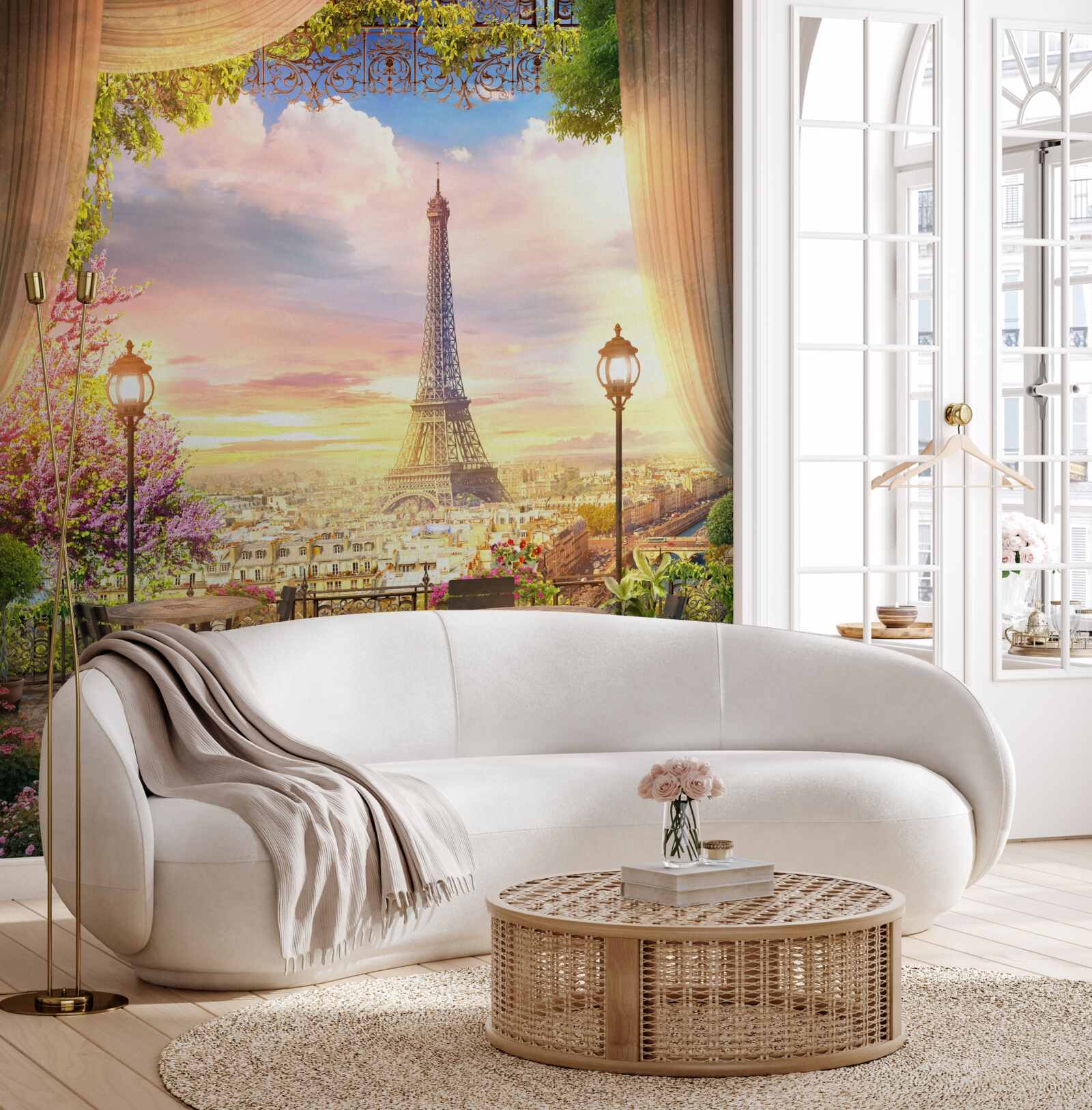 Fotobehang salontafels met uitzicht op de eiffeltoren creëren een gezellige sfeer