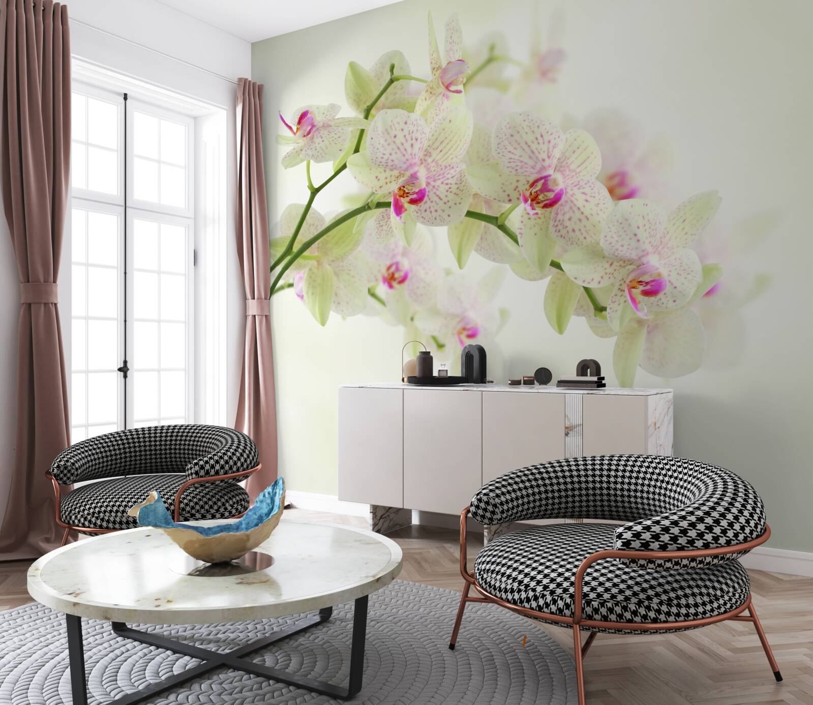 Fotobehang ongewoon weelderige takken met orchideeënknoppen