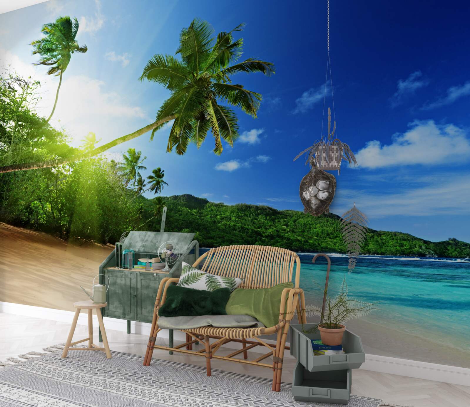 Fotobehang stralen van de opkomende zon verlichten de tropische kust van de