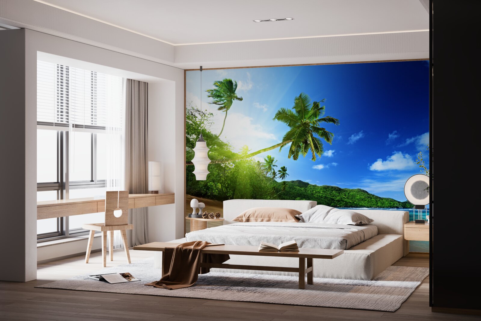 Fotobehang stralen van de opkomende zon verlichten de tropische kust van de