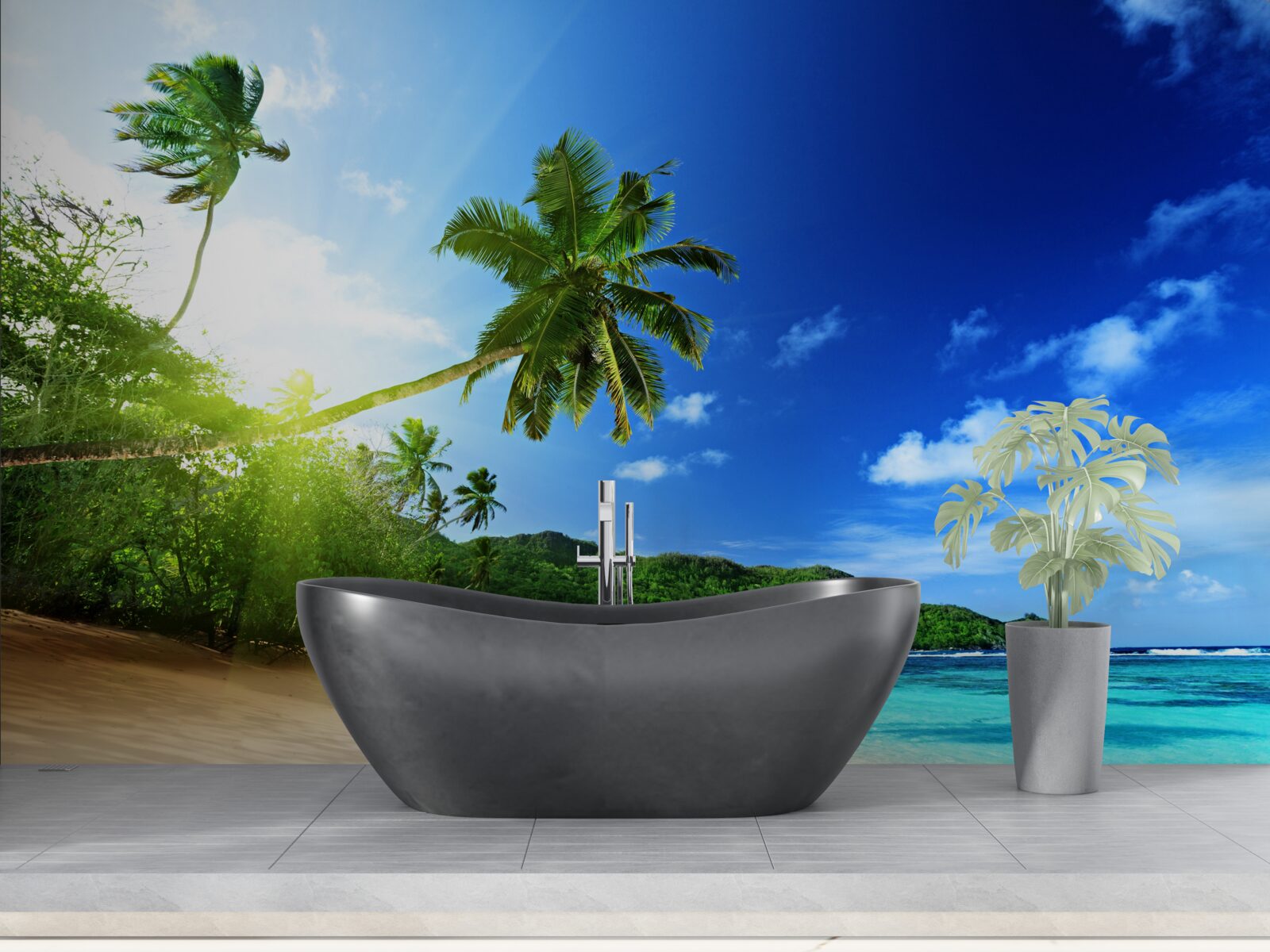 Fotobehang stralen van de opkomende zon verlichten de tropische kust van de