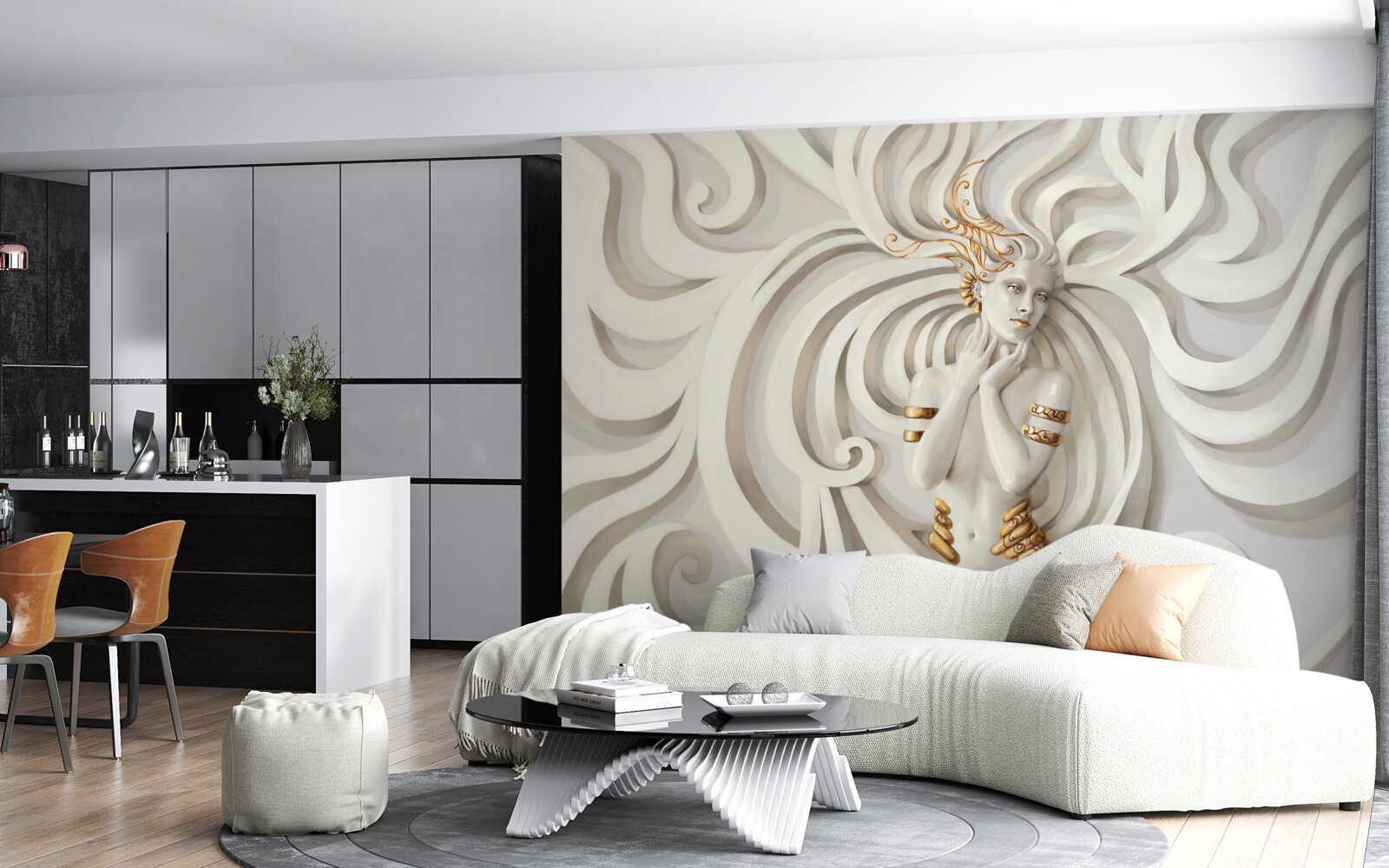 Fotobehang beeld van een vrouw met gouden elementen en abstracte patronen