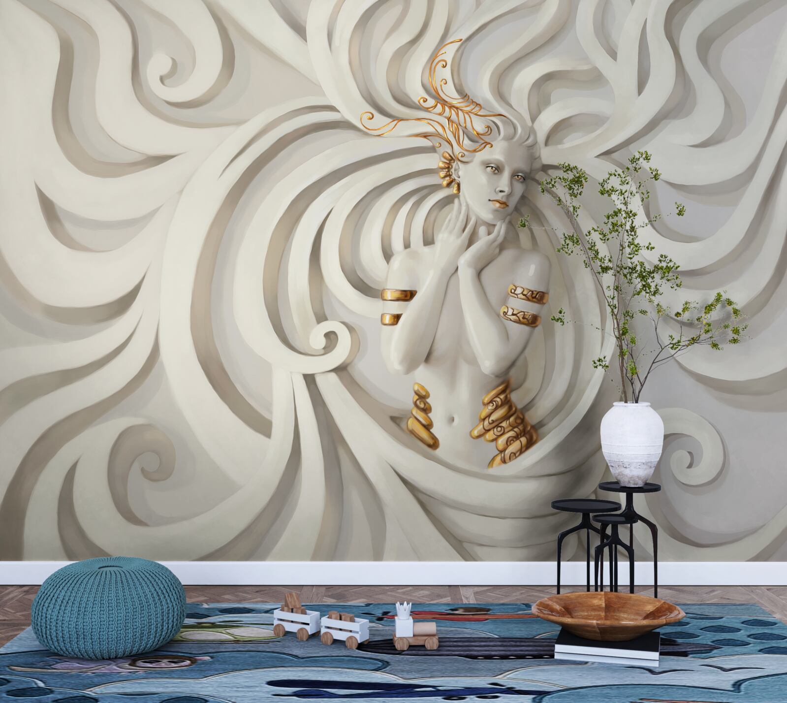 Fotobehang beeld van een vrouw met gouden elementen en abstracte patronen