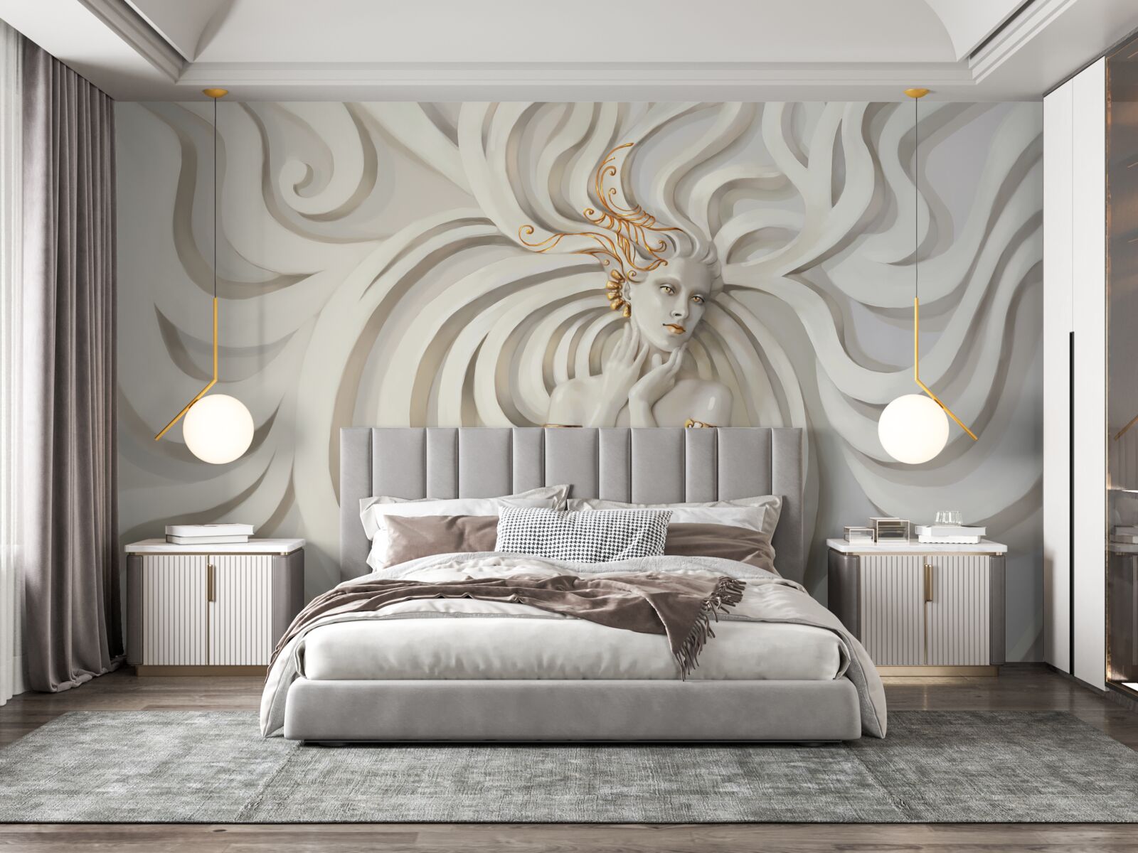 Fotobehang beeld van een vrouw met gouden elementen en abstracte patronen