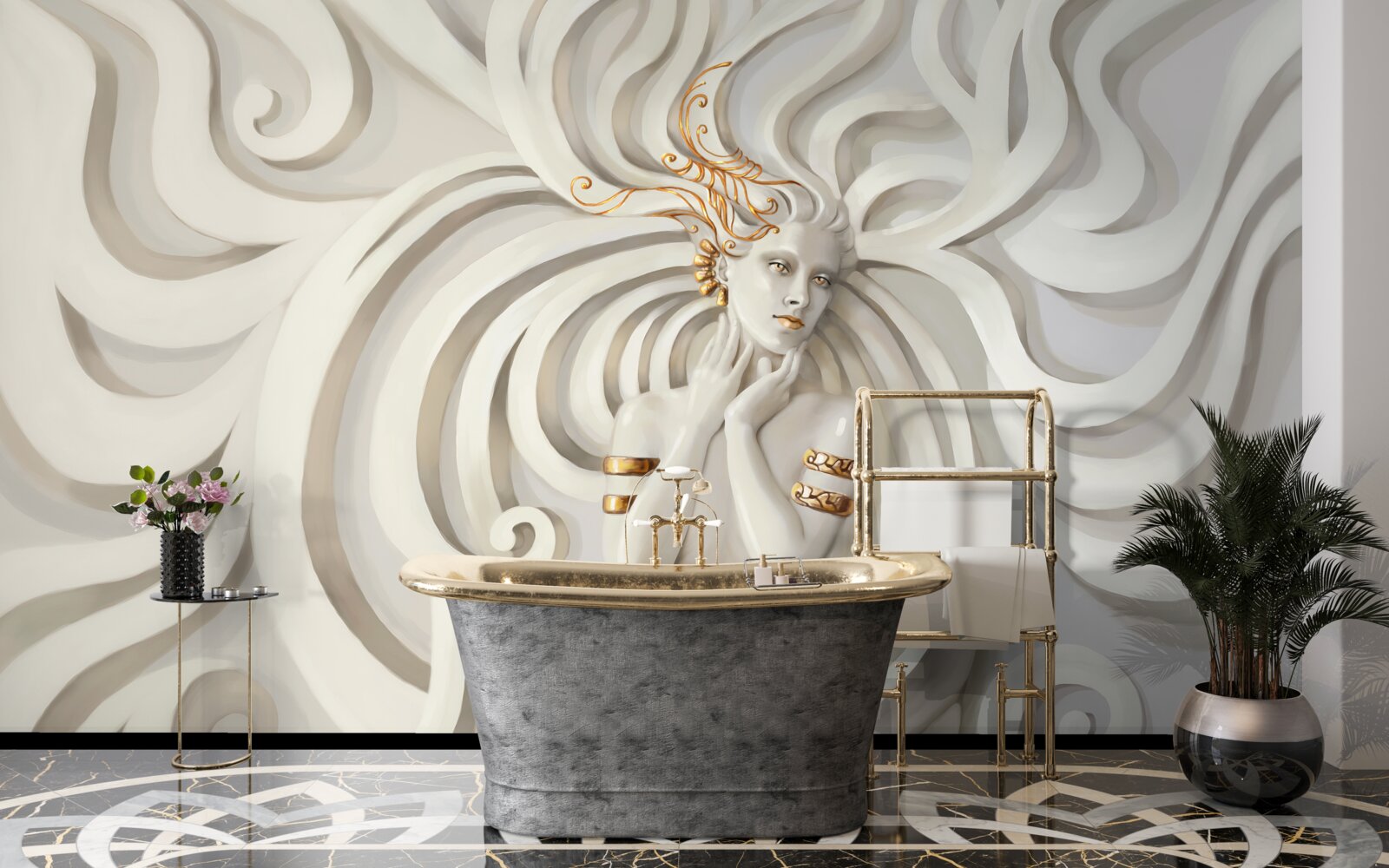 Fotobehang beeld van een vrouw met gouden elementen en abstracte patronen