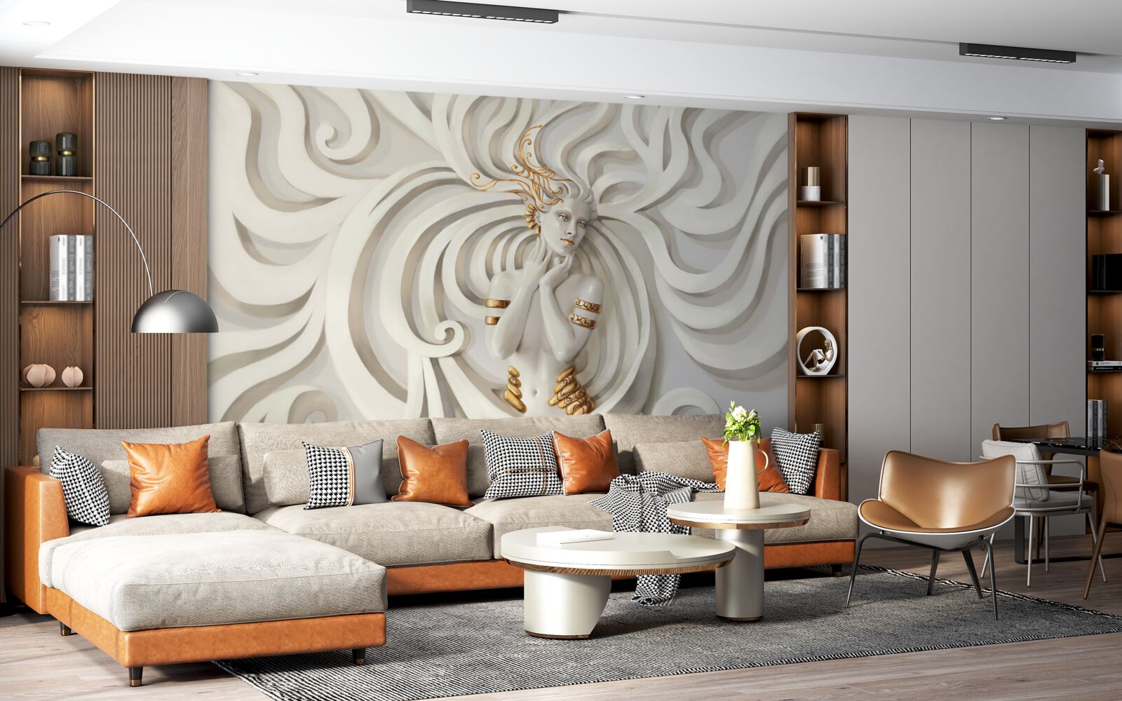 Fotobehang beeld van een vrouw met gouden elementen en abstracte patronen