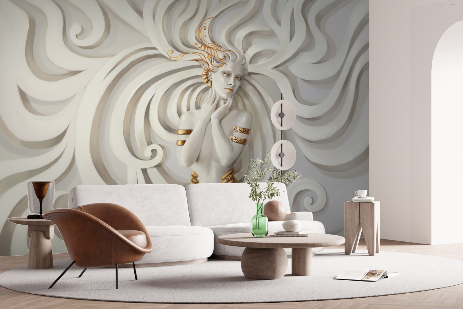 Fotobehang beeld van een vrouw met gouden elementen en abstracte patronen