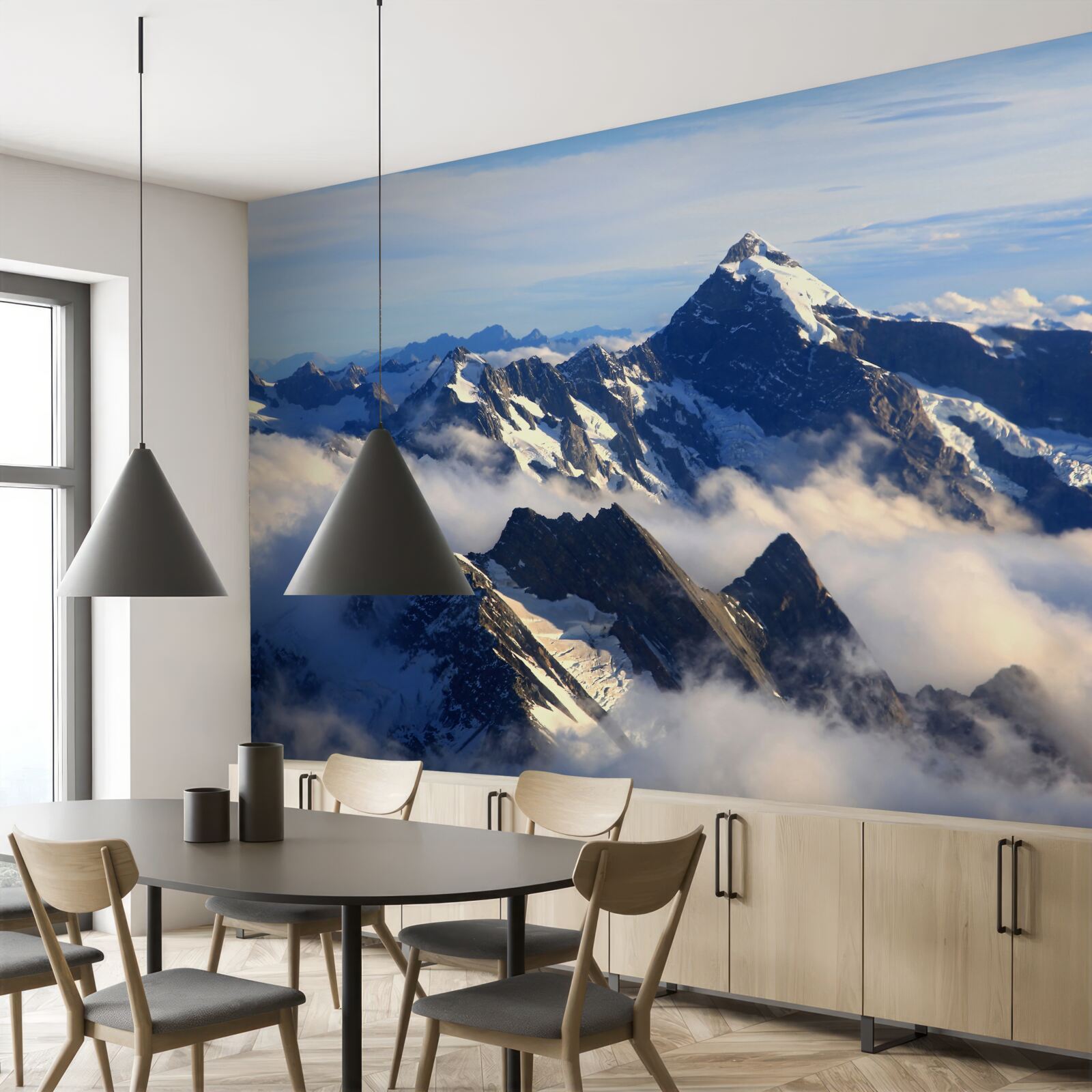 Fotobehang koele mist hoog in de bergen