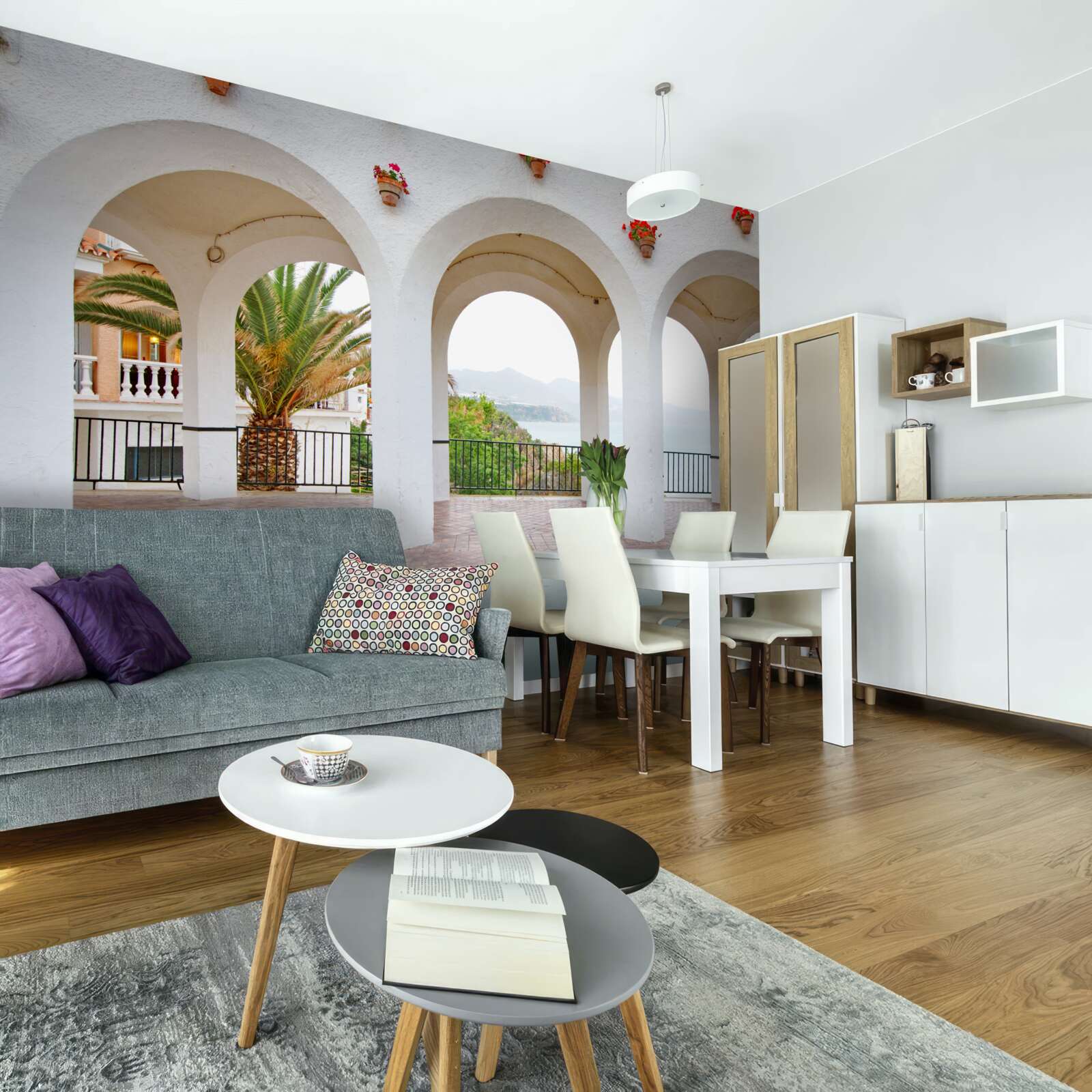 Fotobehang gladde afgeronde sneeuwwitte bogen over de rivier