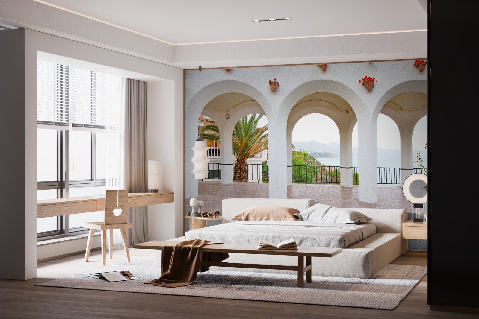 Fotobehang gladde afgeronde sneeuwwitte bogen over de rivier