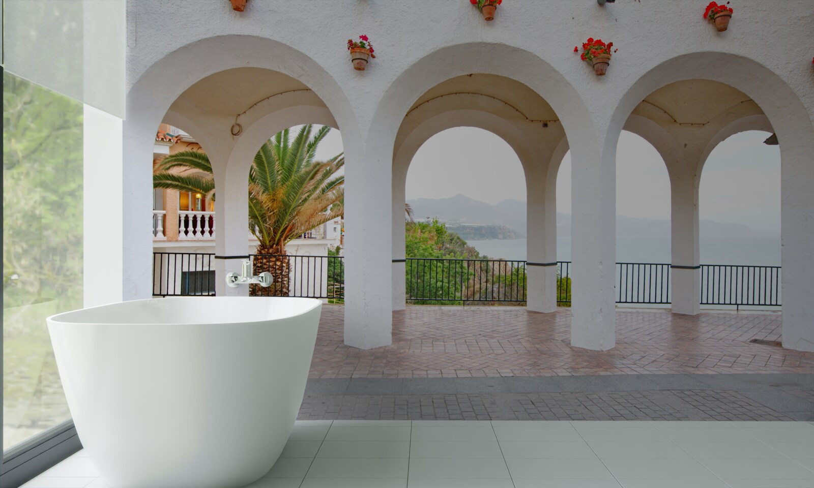 Fotobehang gladde afgeronde sneeuwwitte bogen over de rivier