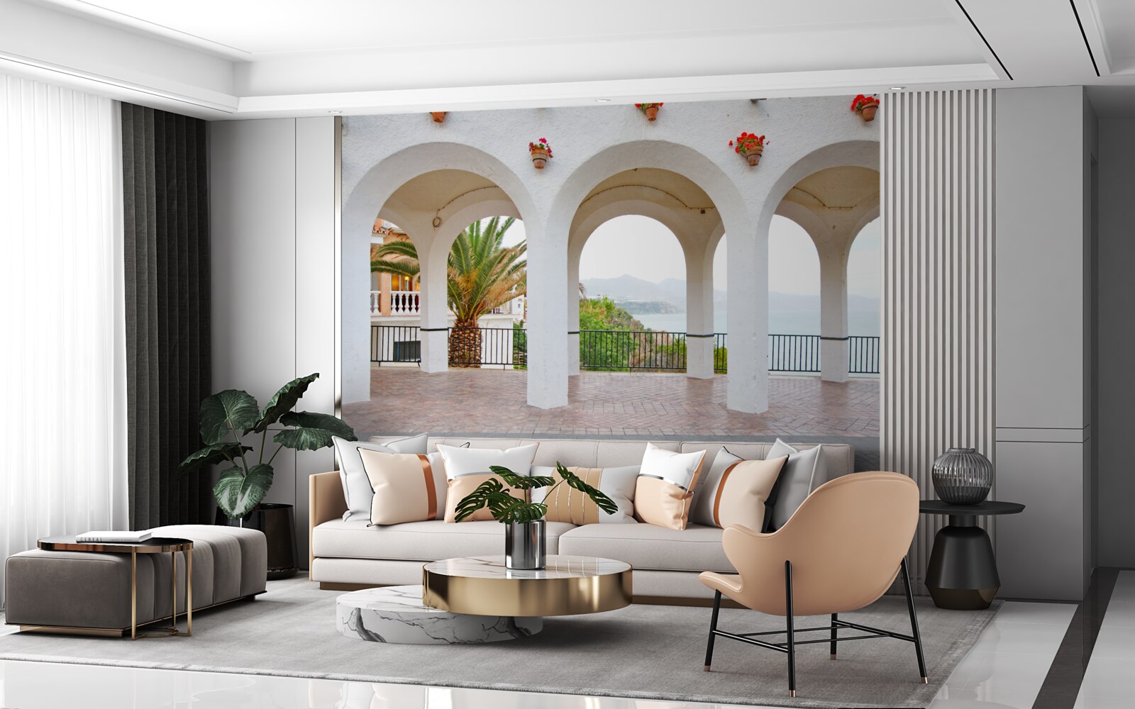 Fotobehang gladde afgeronde sneeuwwitte bogen over de rivier