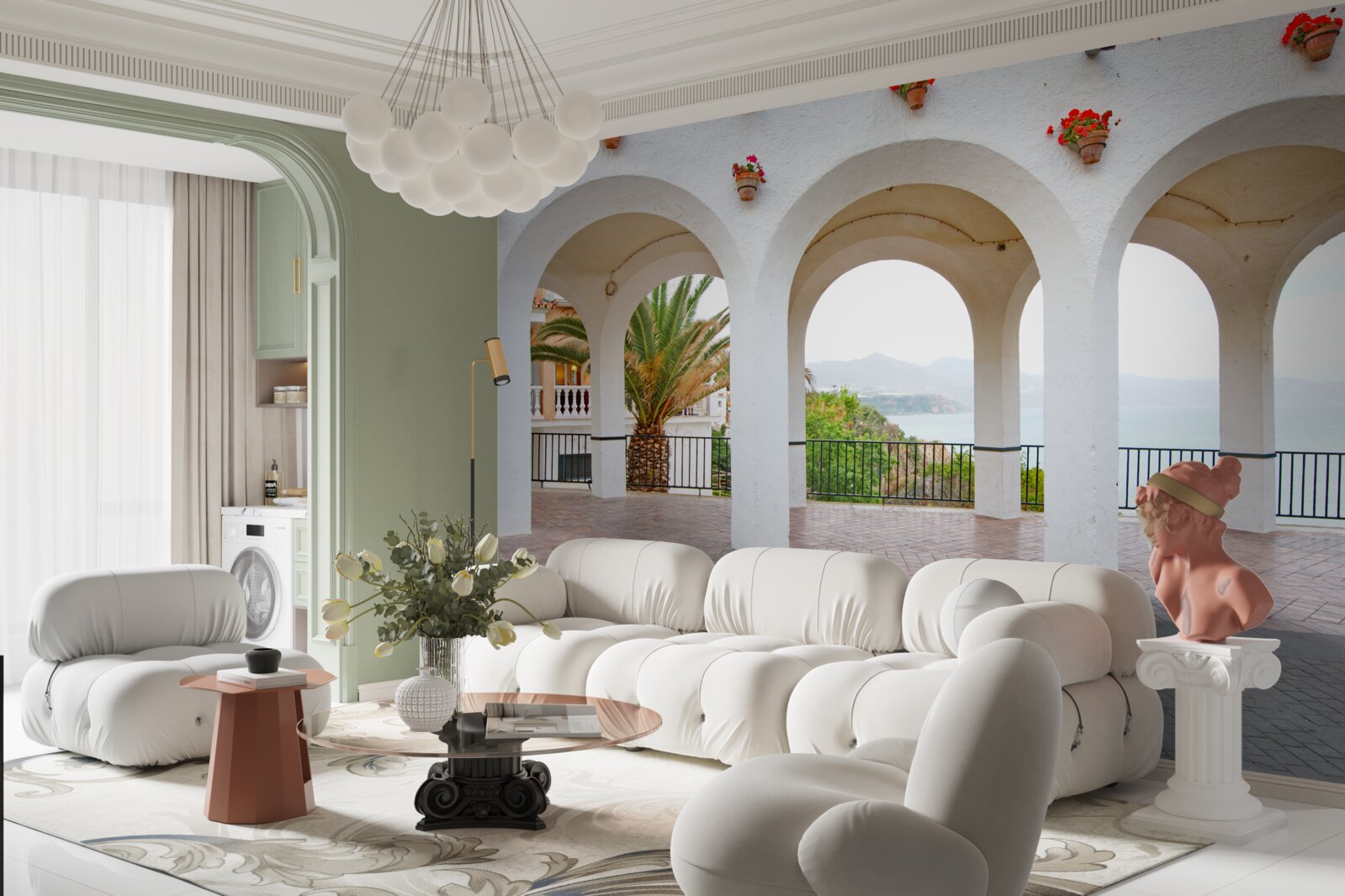 Fotobehang gladde afgeronde sneeuwwitte bogen over de rivier