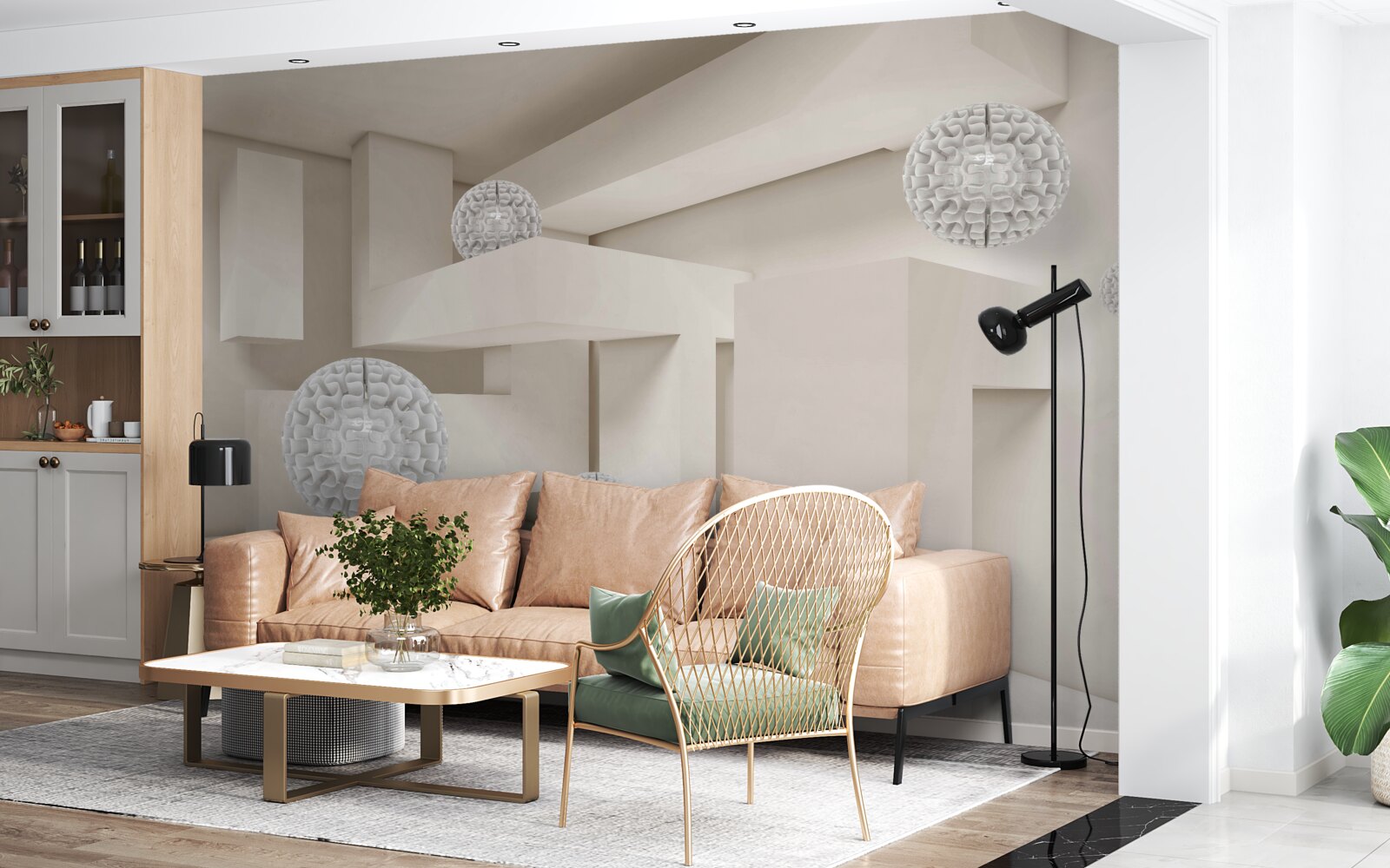 Fotobehang abstracte witte cirkels op een achtergrond van rechthoeken