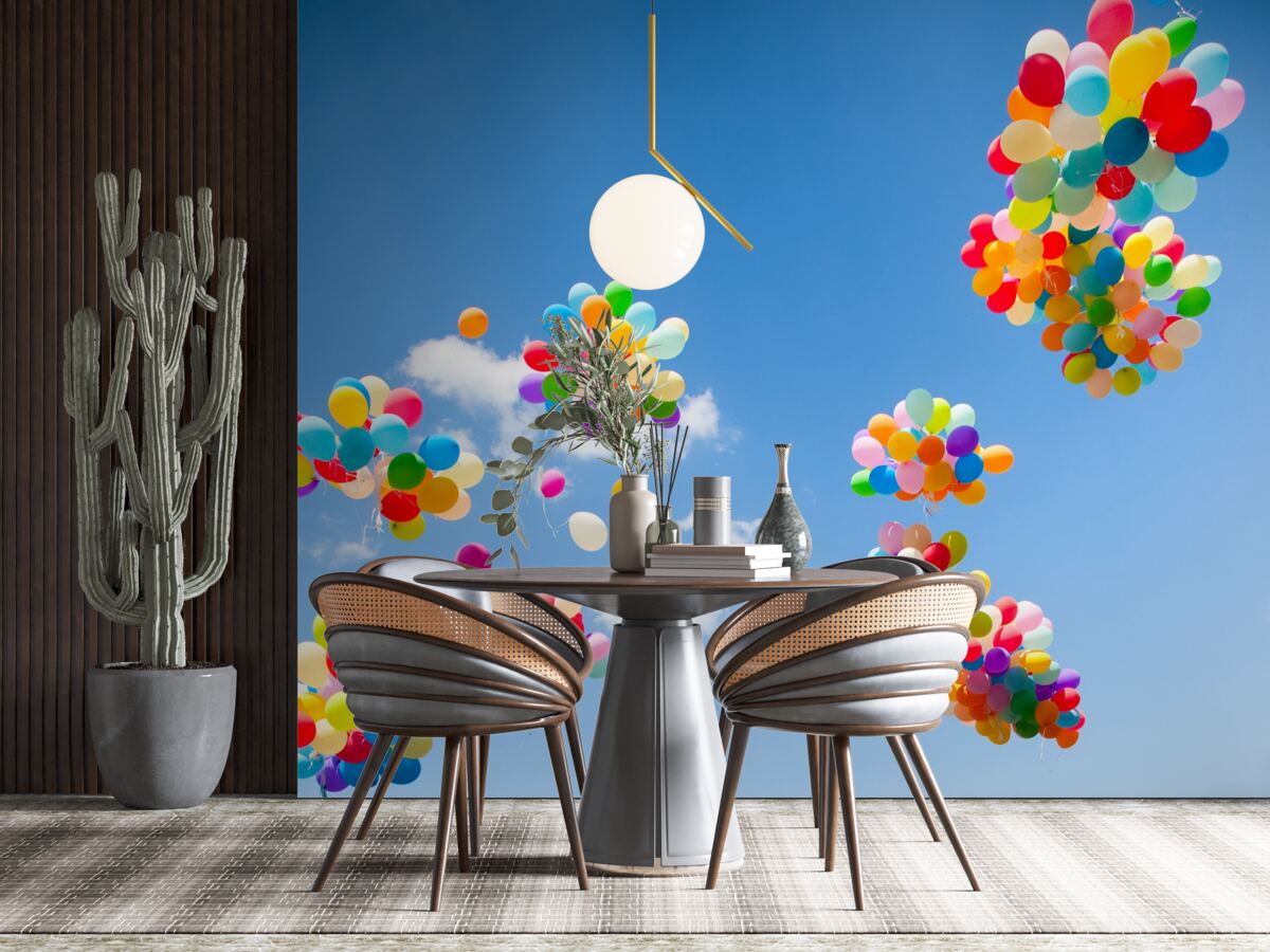 Fotobehang honderden gekleurde ballen zweven de lucht in