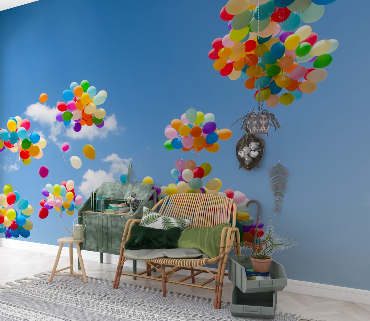 Fotobehang honderden gekleurde ballen zweven de lucht in