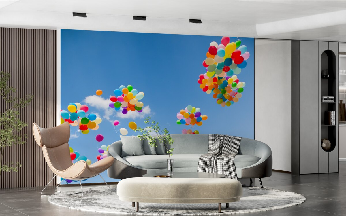 Fotobehang honderden gekleurde ballen zweven de lucht in