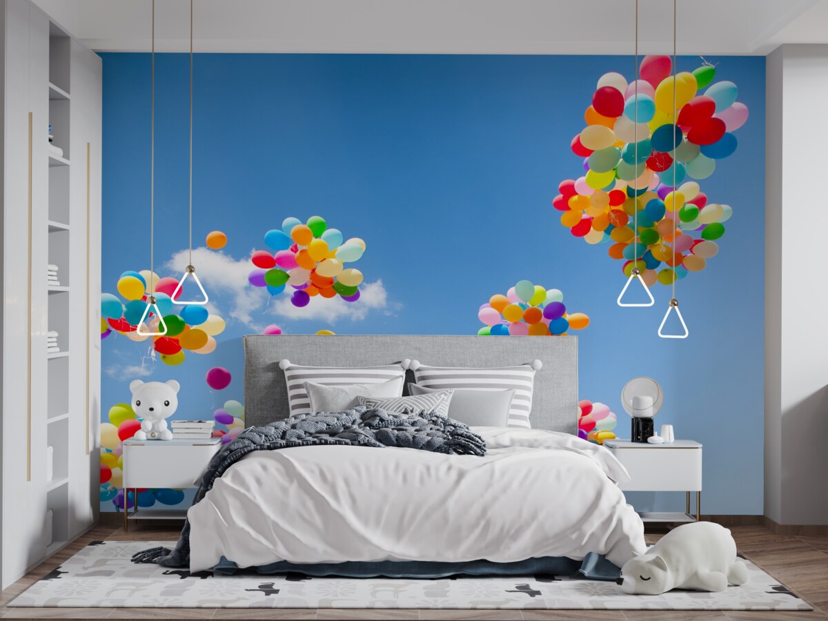 Fotobehang honderden gekleurde ballen zweven de lucht in