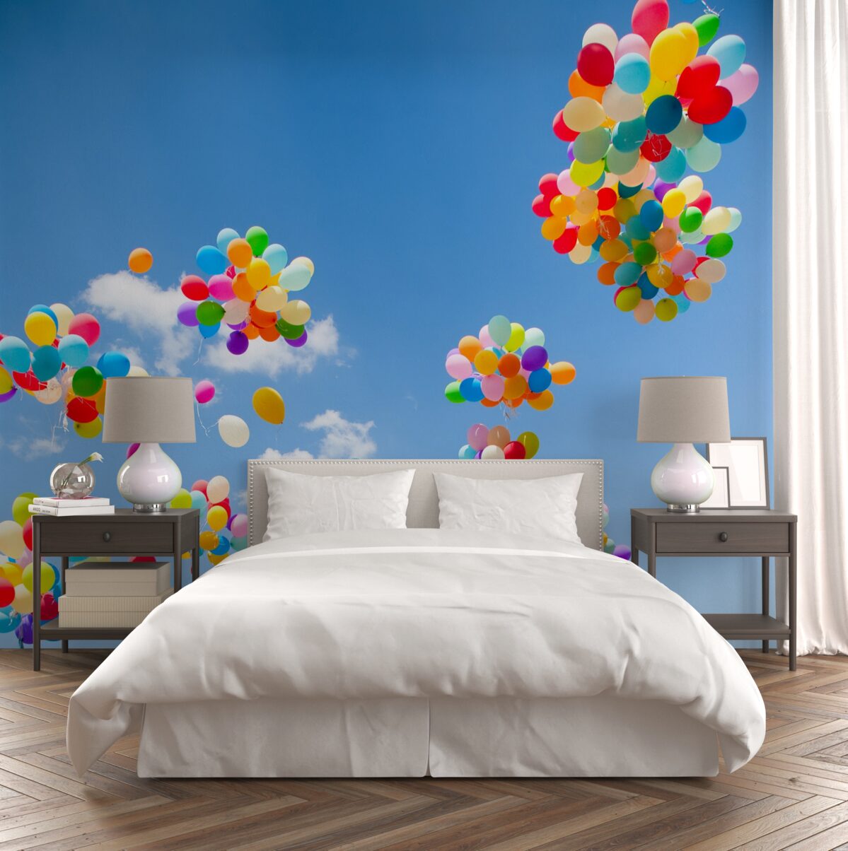 Fotobehang honderden gekleurde ballen zweven de lucht in
