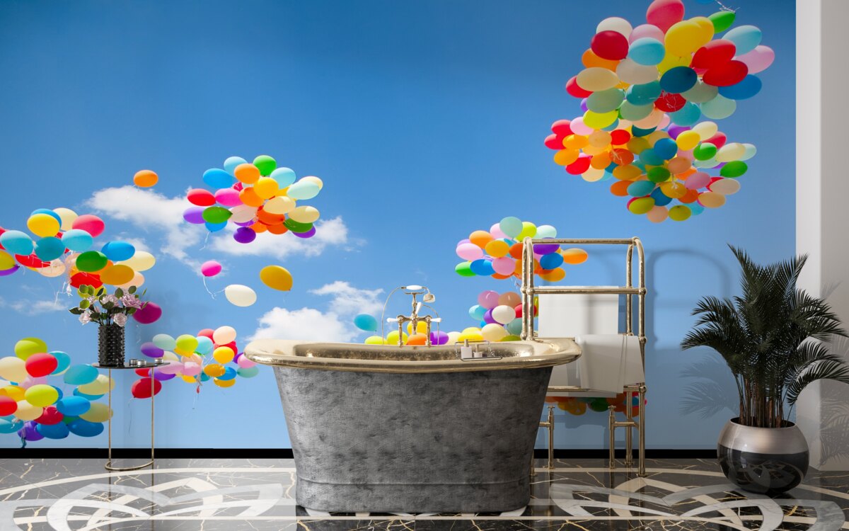 Fotobehang honderden gekleurde ballen zweven de lucht in