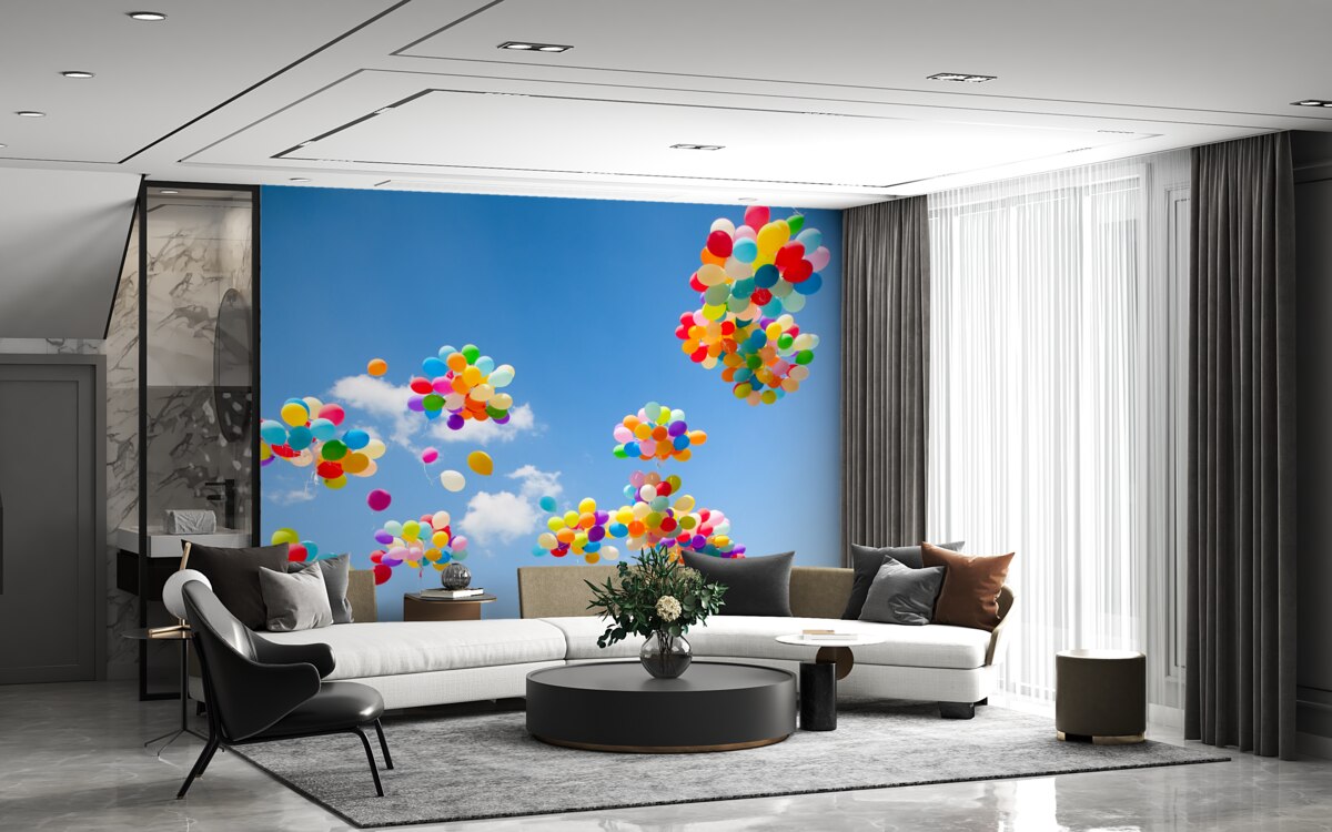 Fotobehang honderden gekleurde ballen zweven de lucht in