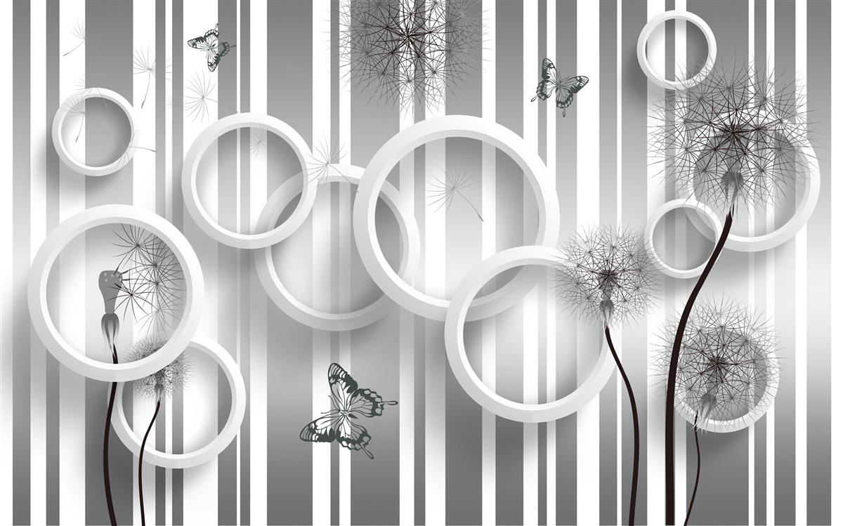 Fotobehang abstractie van witte cirkels met paardenbloemen