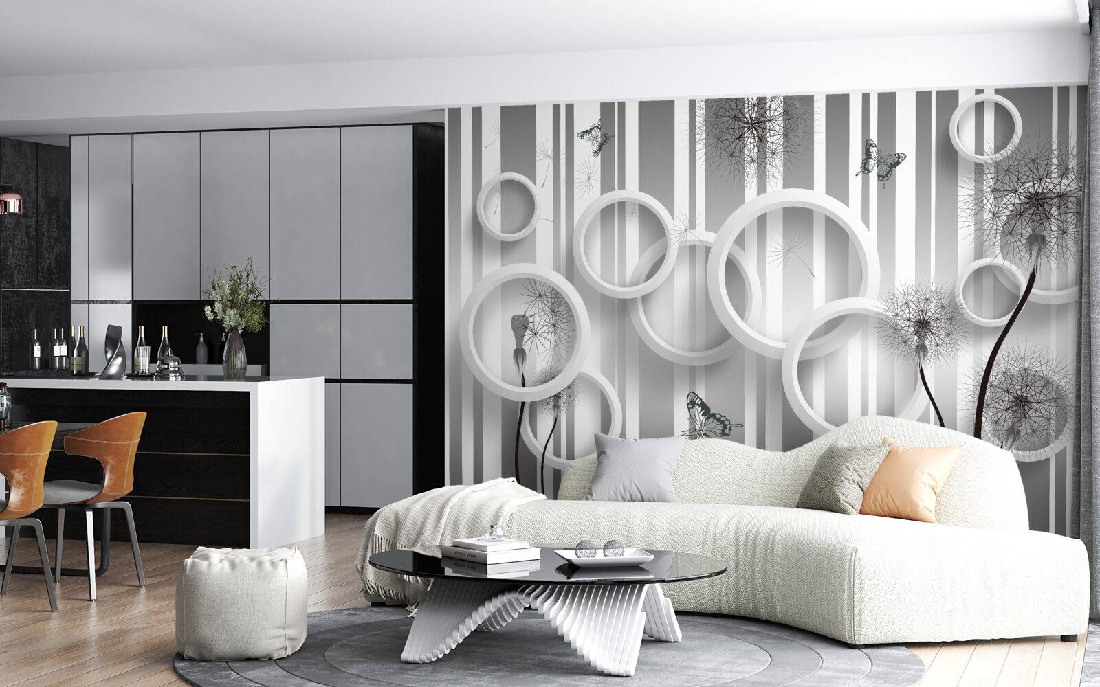 Fotobehang abstractie van witte cirkels met paardenbloemen