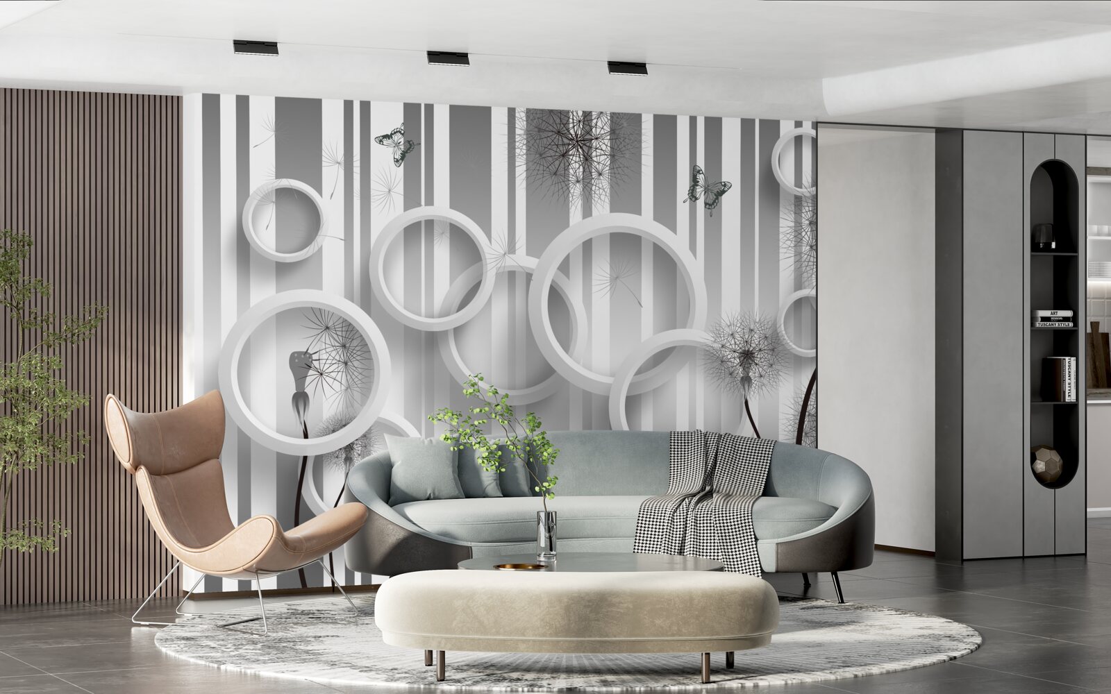 Fotobehang abstractie van witte cirkels met paardenbloemen