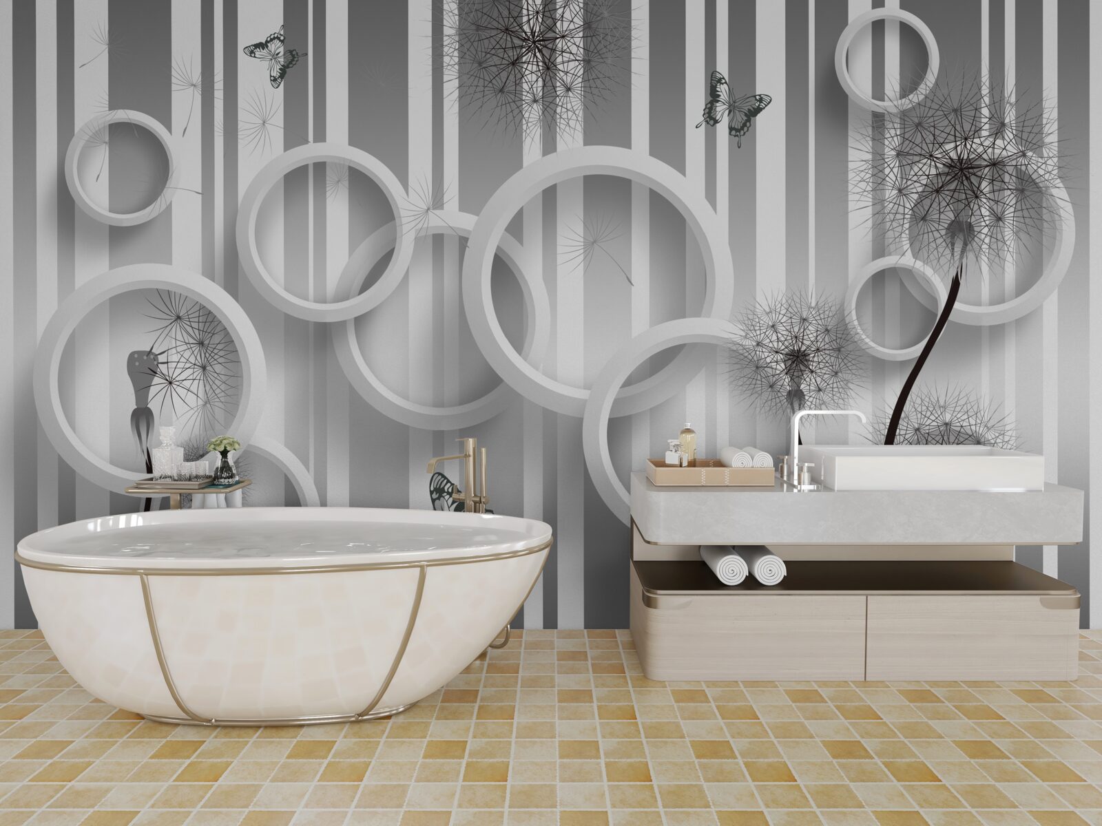 Fotobehang abstractie van witte cirkels met paardenbloemen