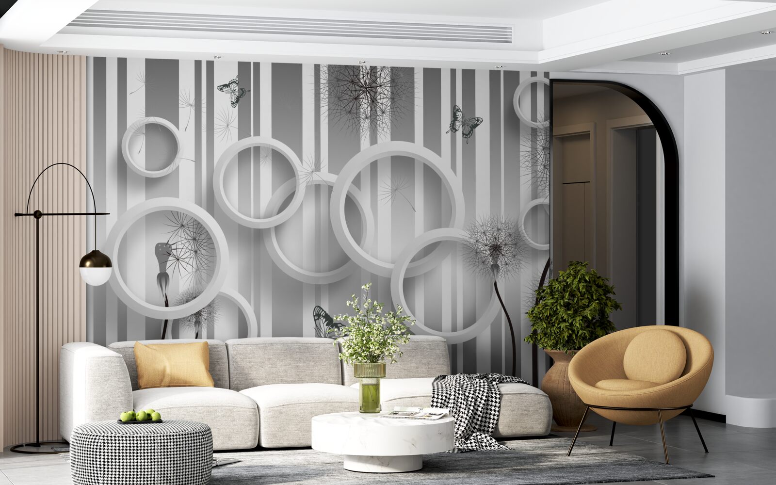 Fotobehang abstractie van witte cirkels met paardenbloemen