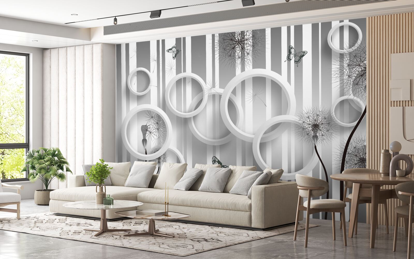 Fotobehang abstractie van witte cirkels met paardenbloemen