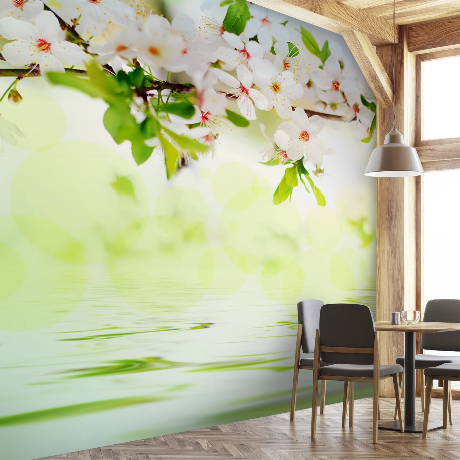 Fotobehang sakurabloemen zijn wit boven warm zomerwater