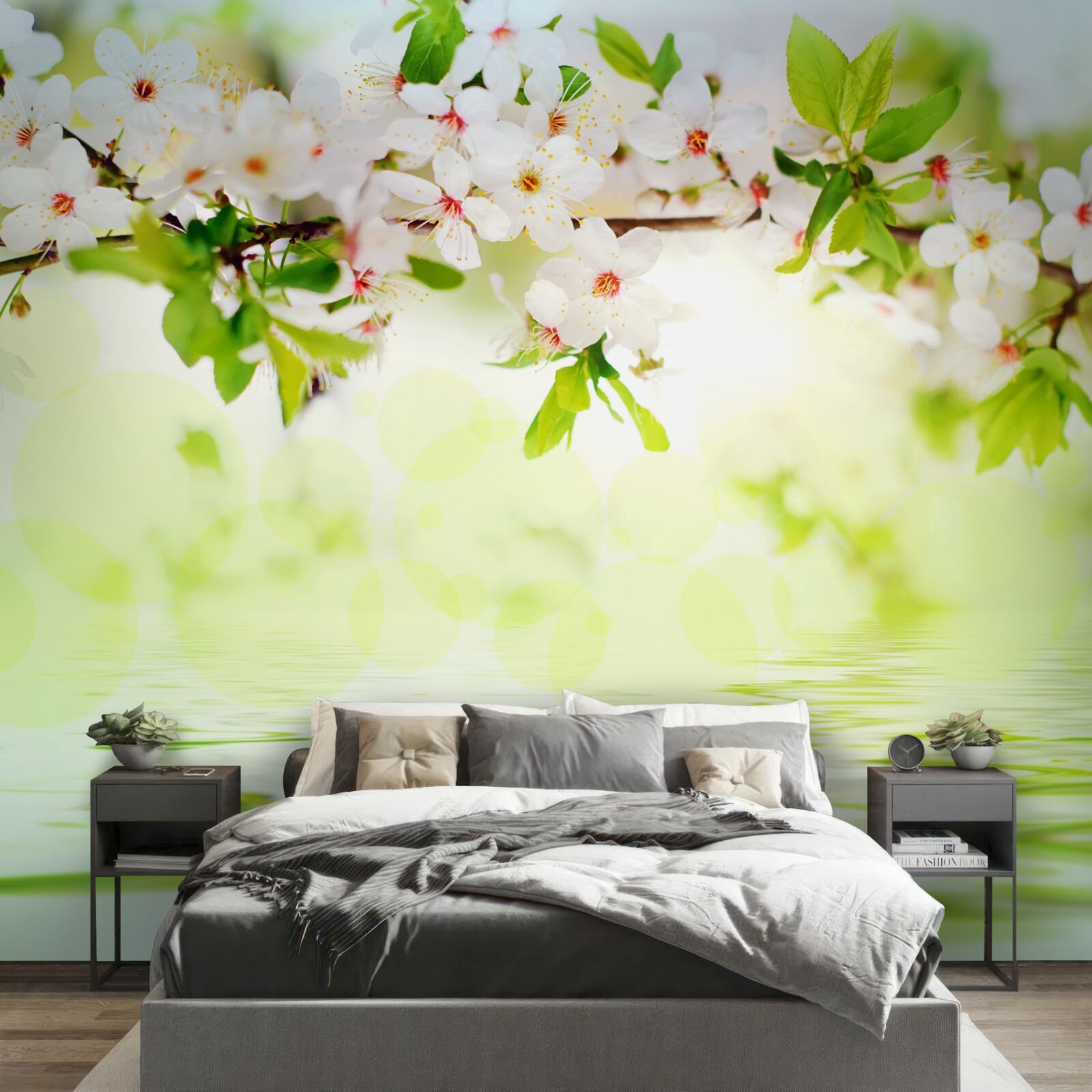 Fotobehang sakurabloemen zijn wit boven warm zomerwater