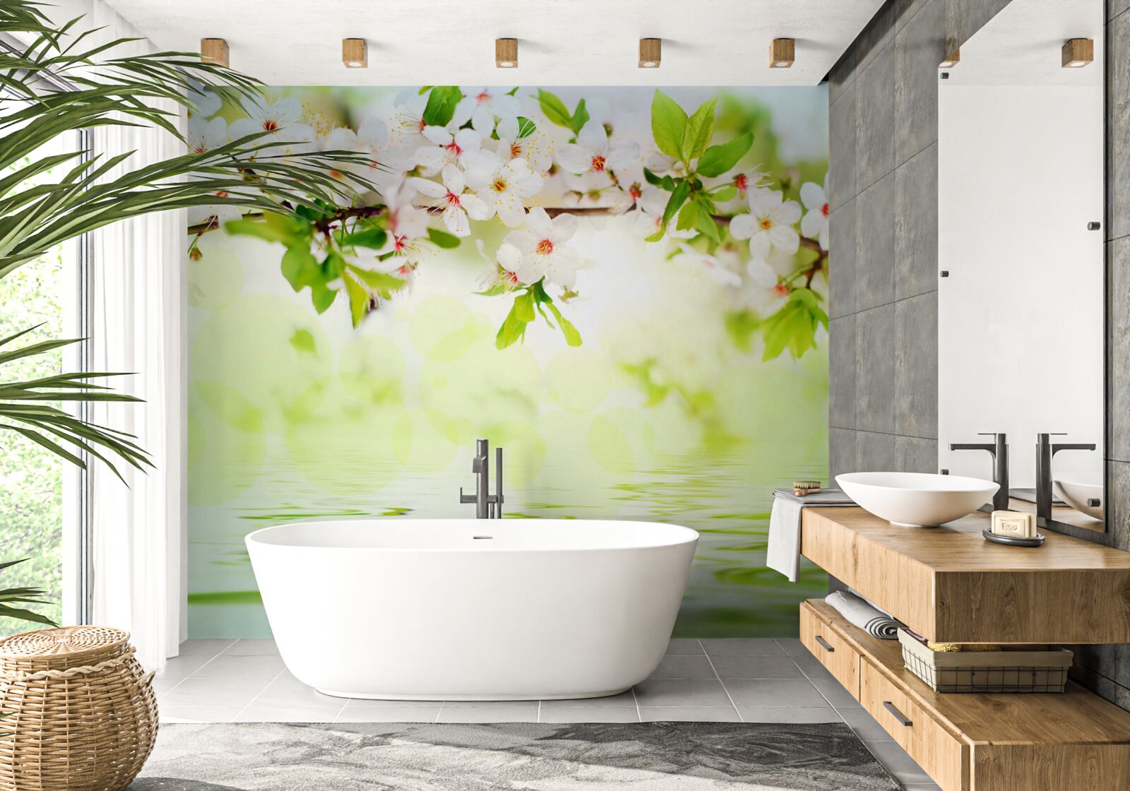 Fotobehang sakurabloemen zijn wit boven warm zomerwater