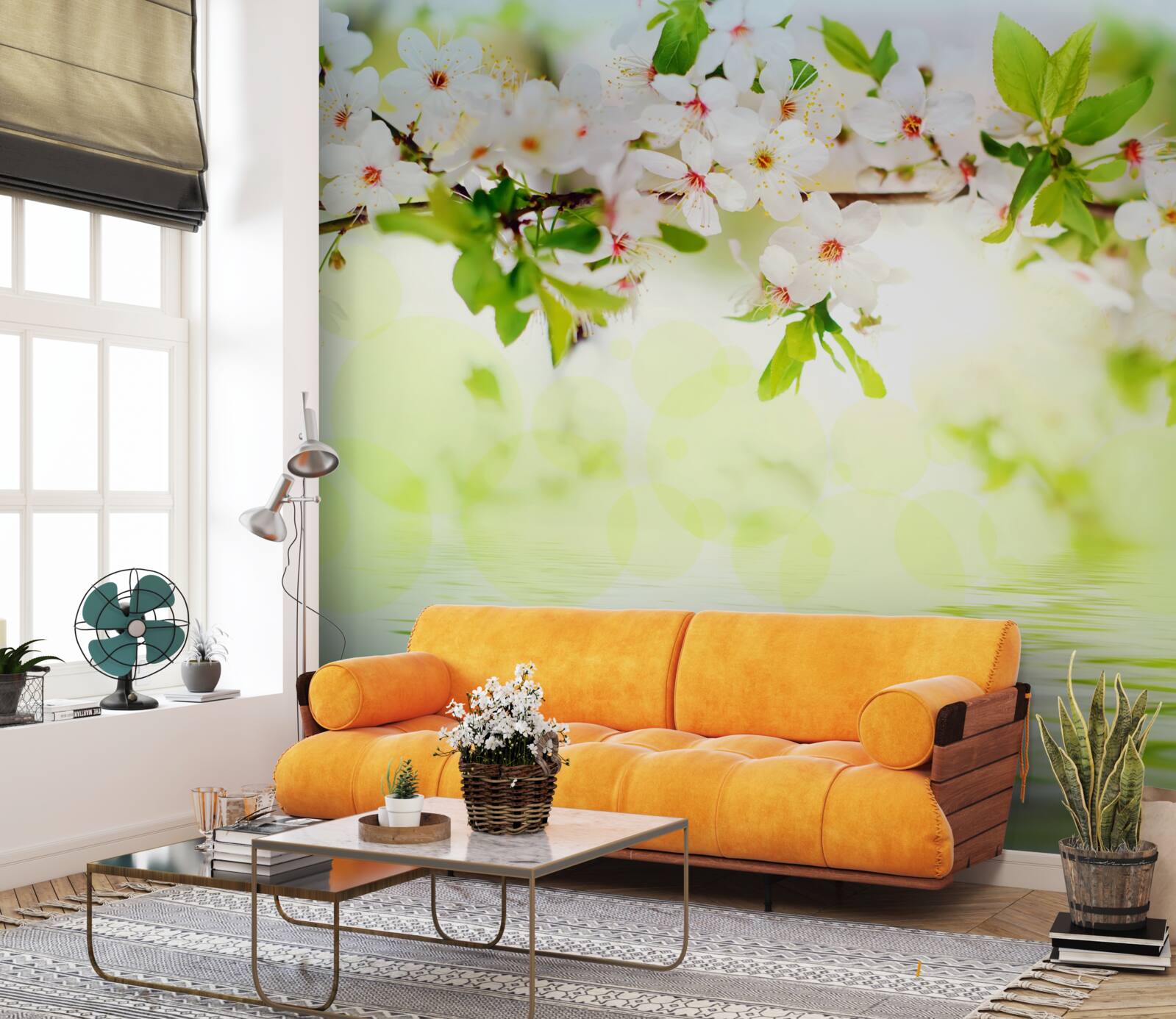 Fotobehang sakurabloemen zijn wit boven warm zomerwater