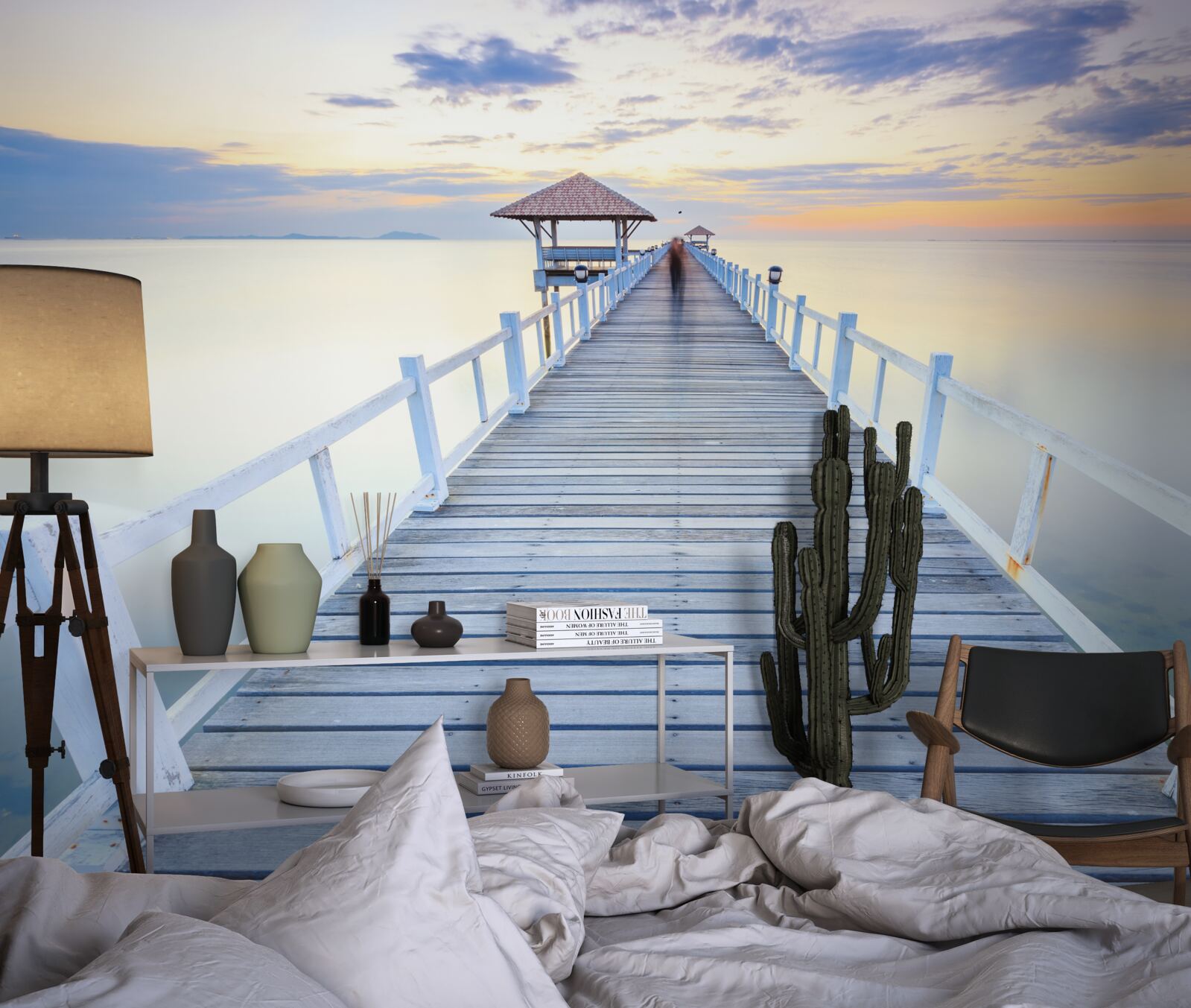 Fotobehang pier met een gazebo over het water bij zonsopgang, waar menigeen