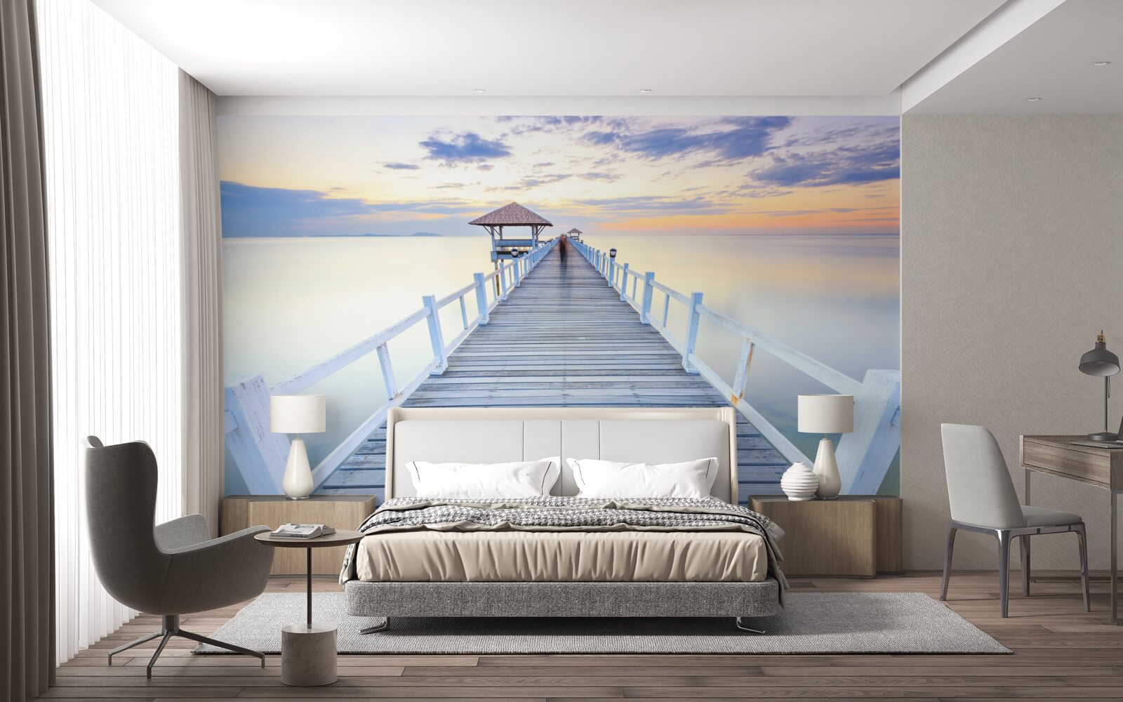 Fotobehang pier met een gazebo over het water bij zonsopgang, waar menigeen