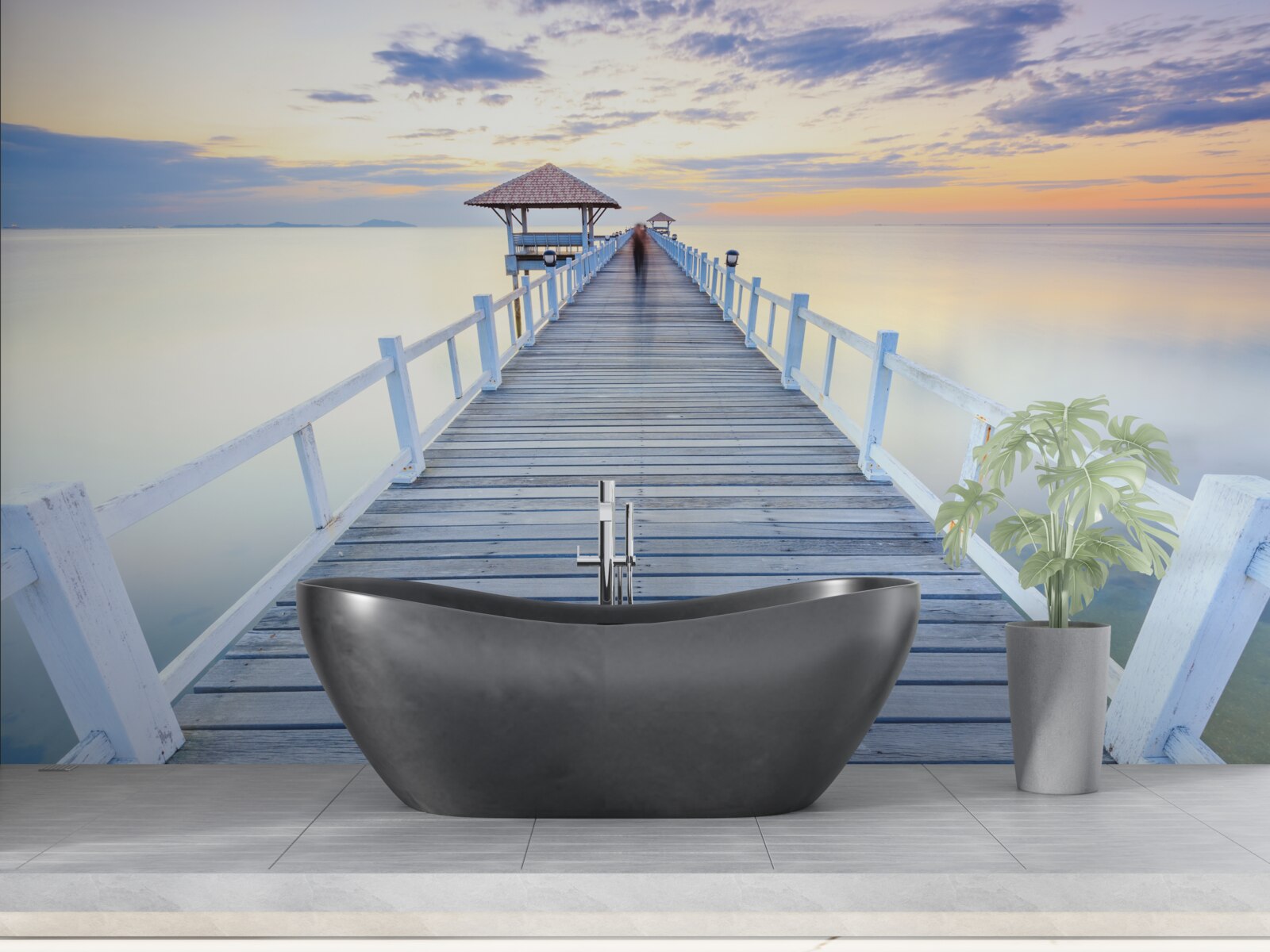 Fotobehang pier met een gazebo over het water bij zonsopgang, waar menigeen