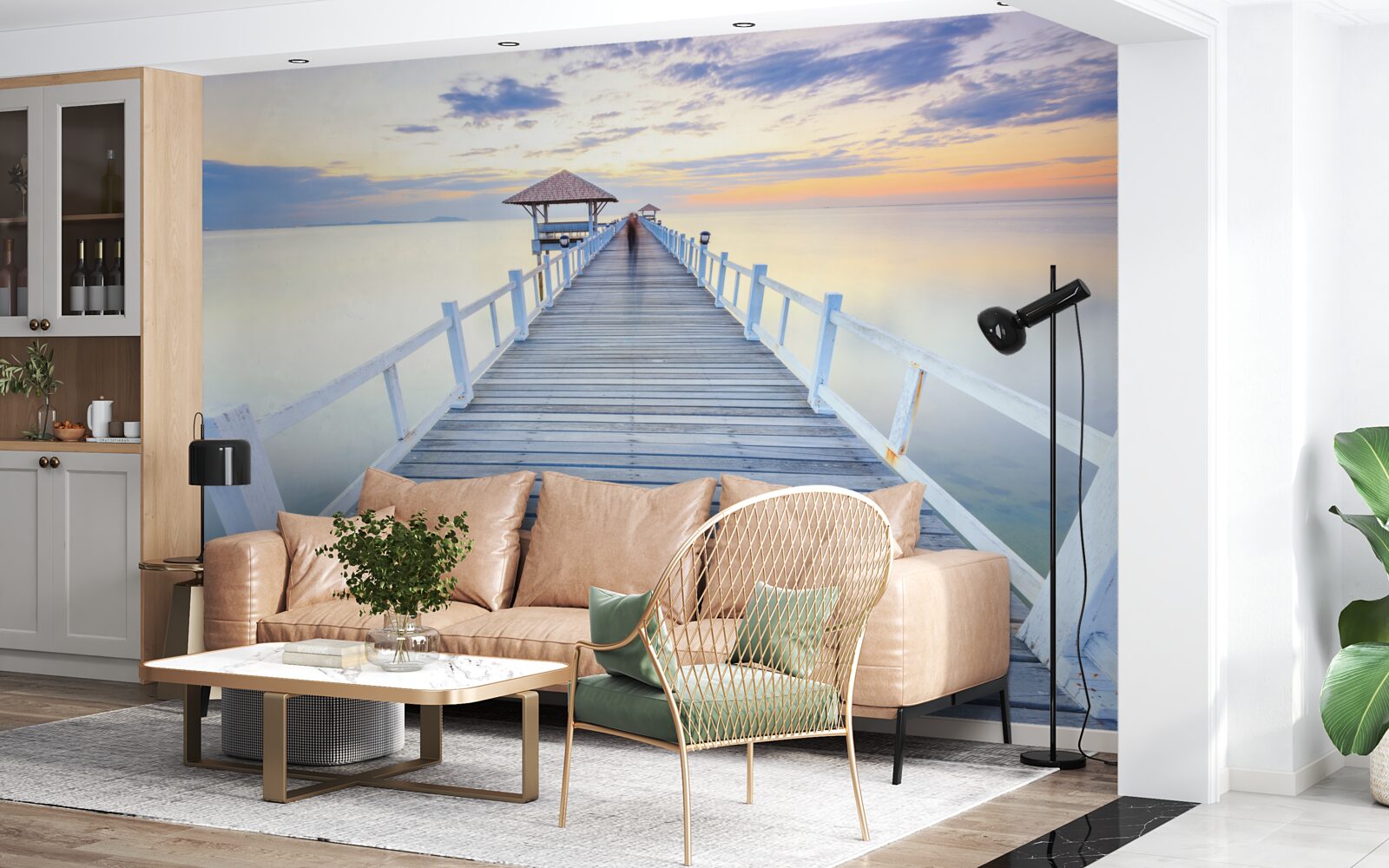 Fotobehang pier met een gazebo over het water bij zonsopgang, waar menigeen